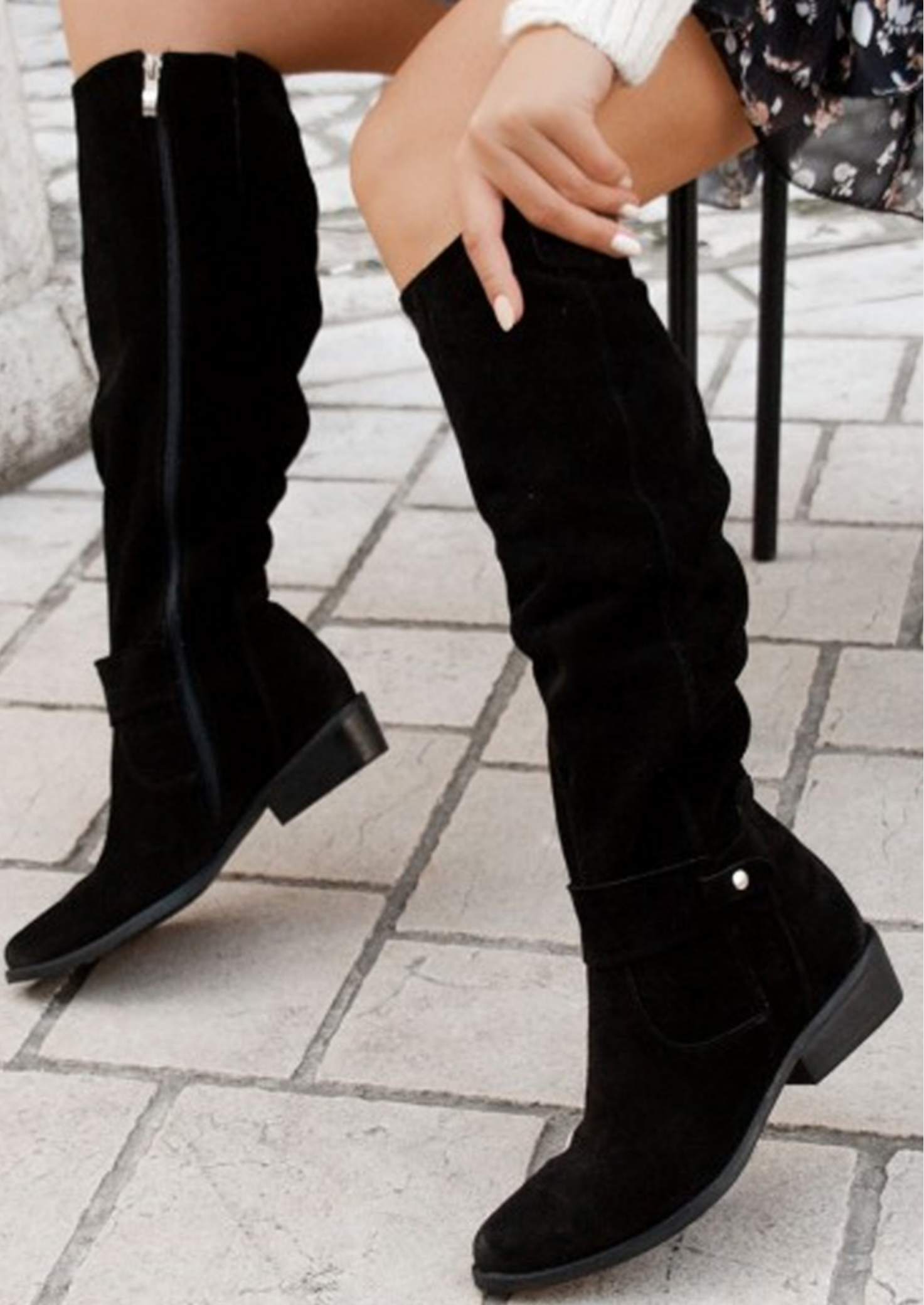 Women’s Knee-High Slouch Boots with Side Zip and Strap Detail