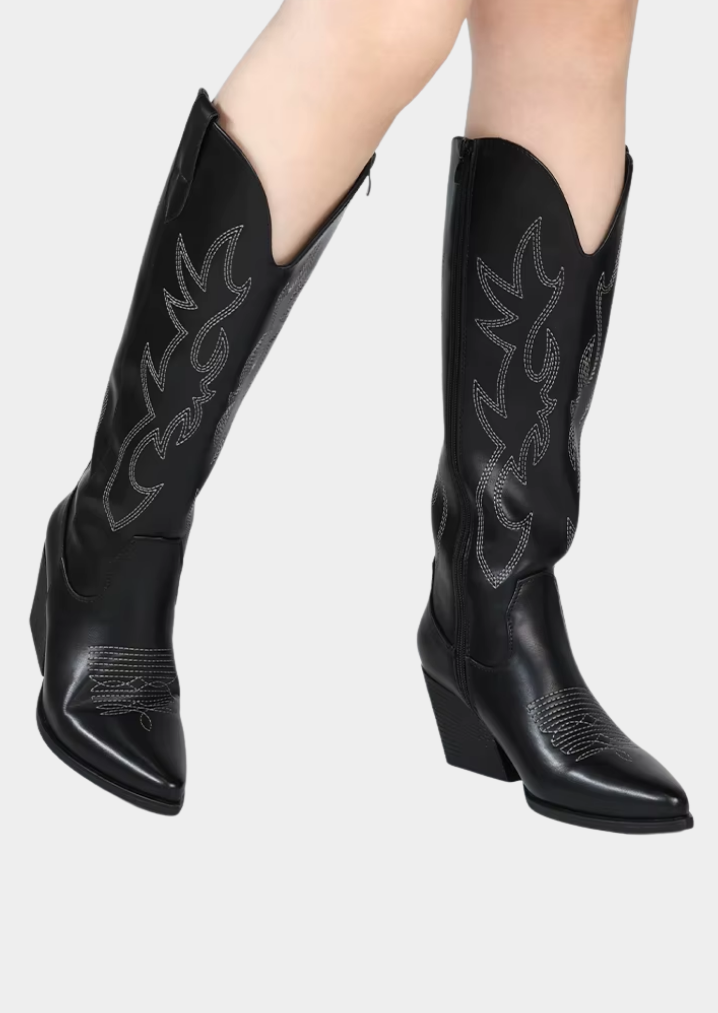 Women’s Knee-High Western Boots with Embroidered Denim Design