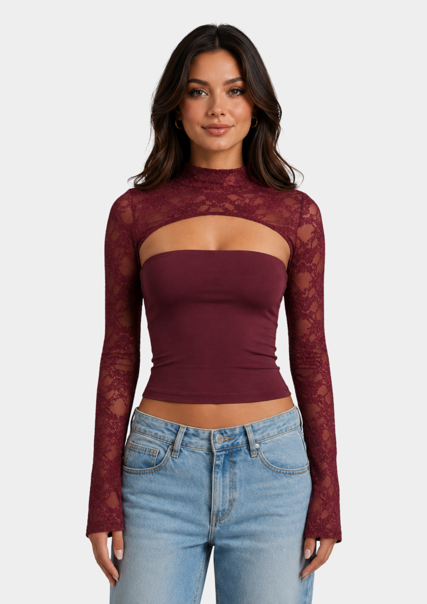 Women’s Lace Cutout Top with Mock Neck