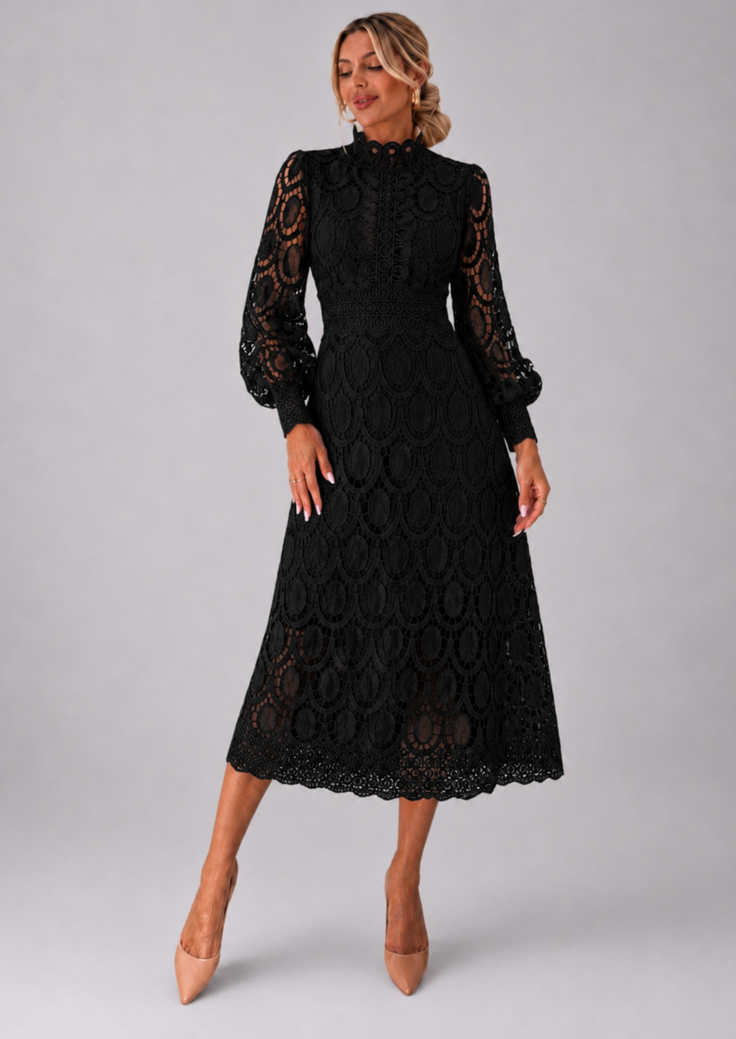 Women’s Lace Dress with Stand-Up Collar and Long Sleeves