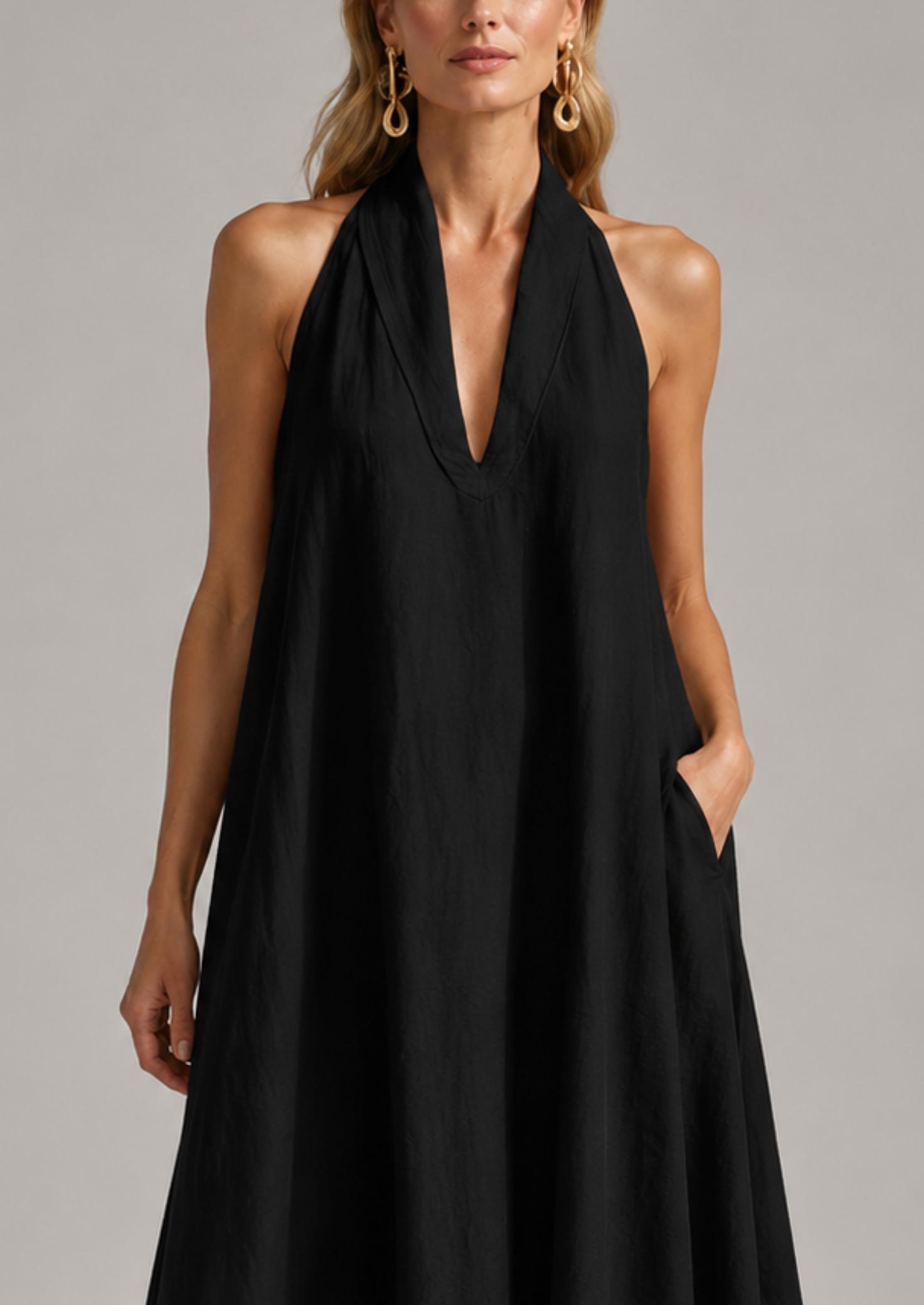 Women’s Linen Blend Maxi Dress with V-Neck