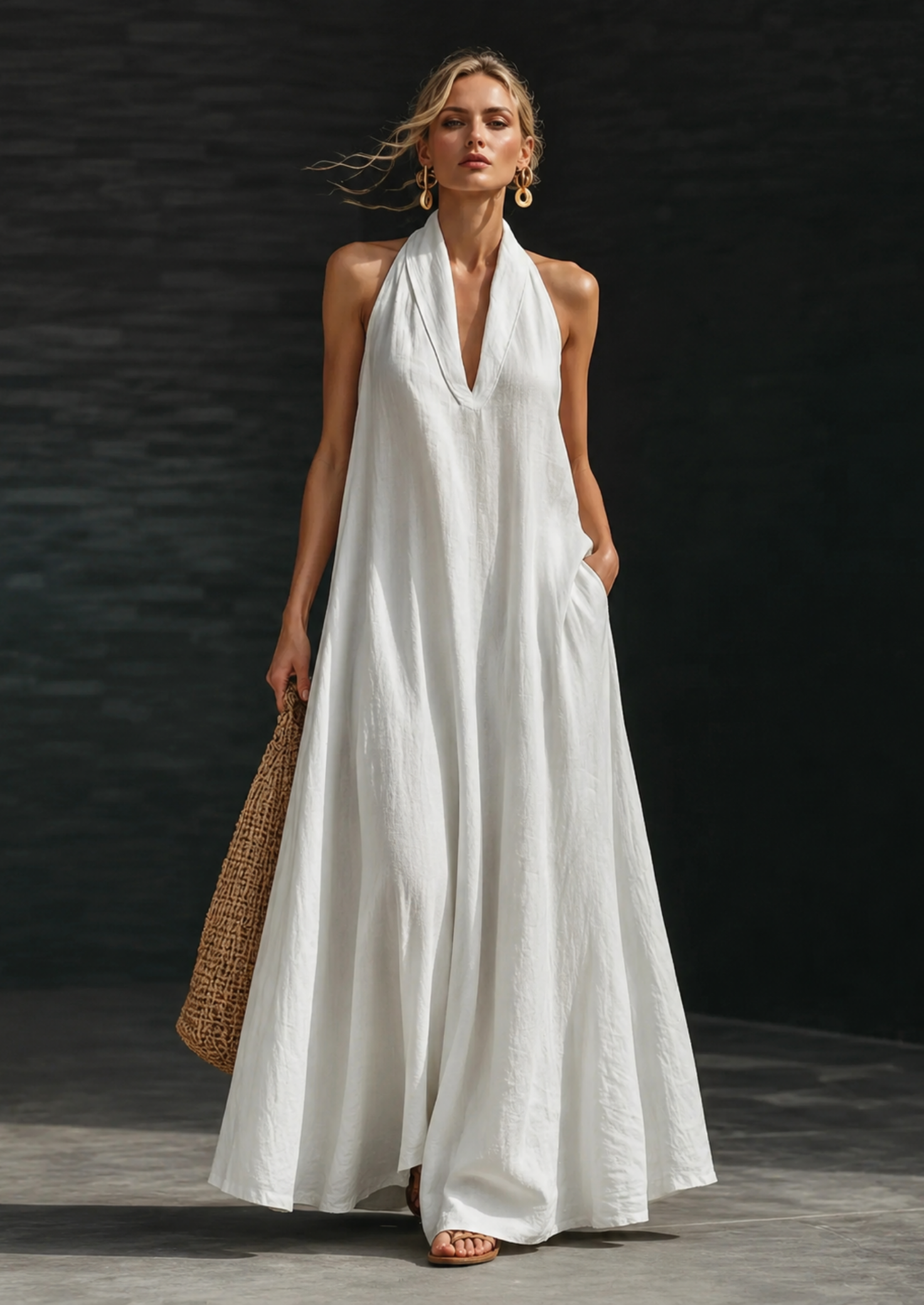 Women’s Linen Blend Maxi Dress with V-Neck