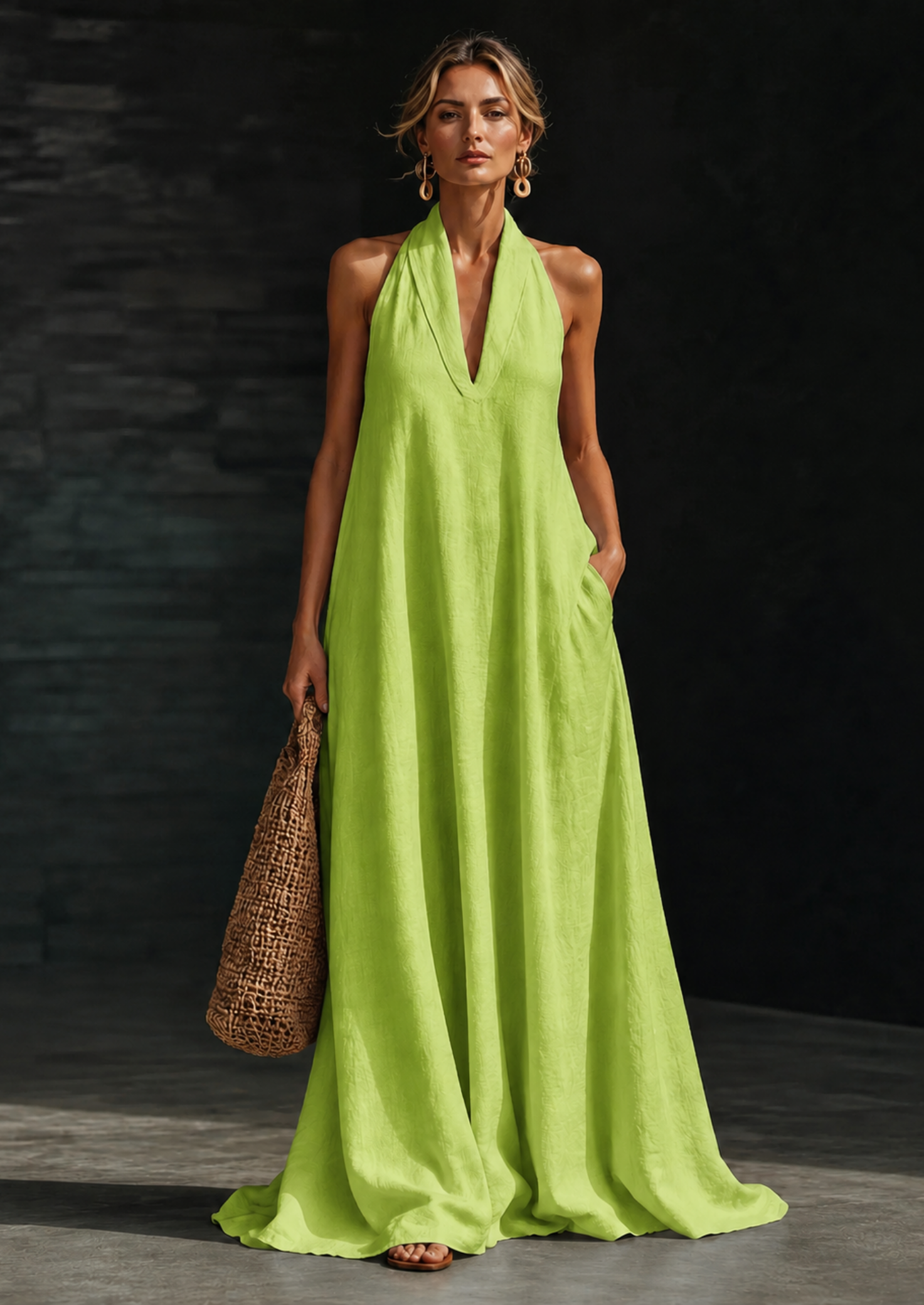 Women’s Linen Blend Maxi Dress with V-Neck