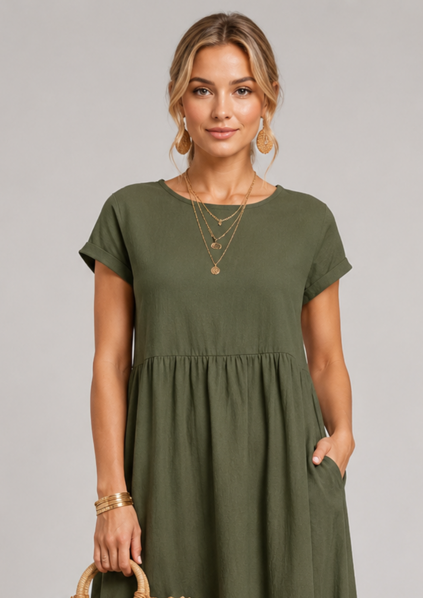 Women’s Linen Blend Midi Dress with Short Sleeves