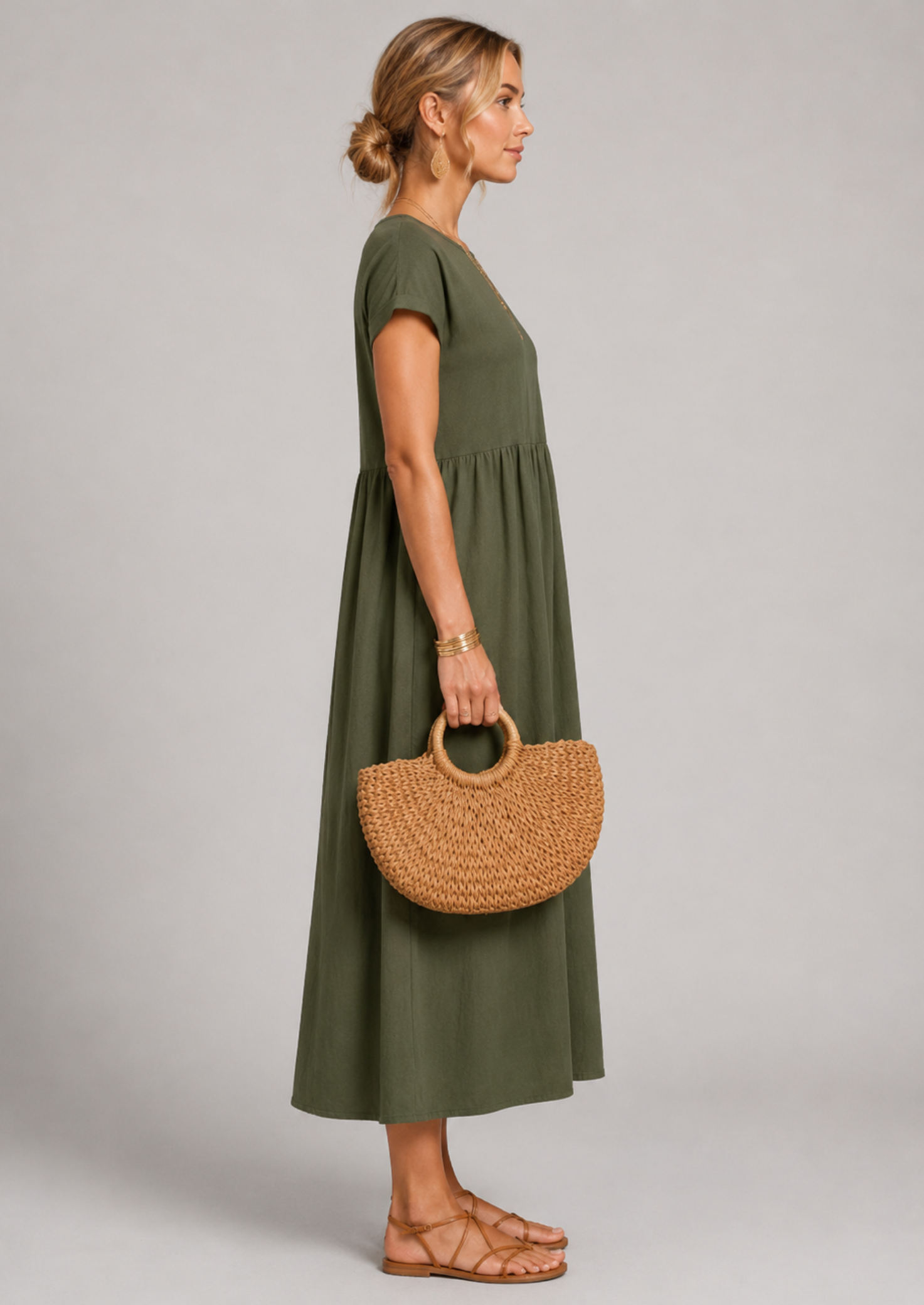 Women’s Linen Blend Midi Dress with Short Sleeves