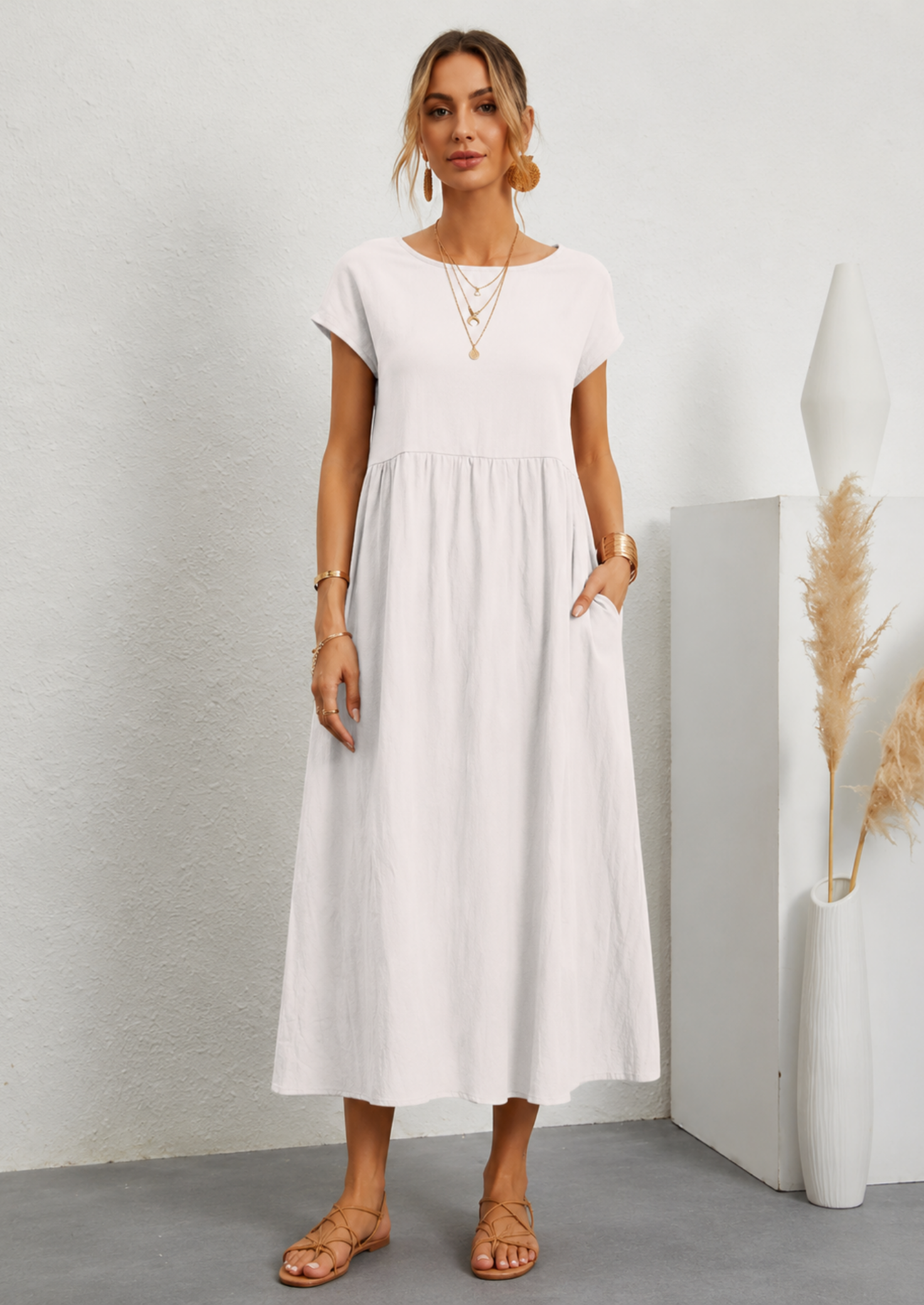 Women’s Linen Blend Midi Dress with Short Sleeves