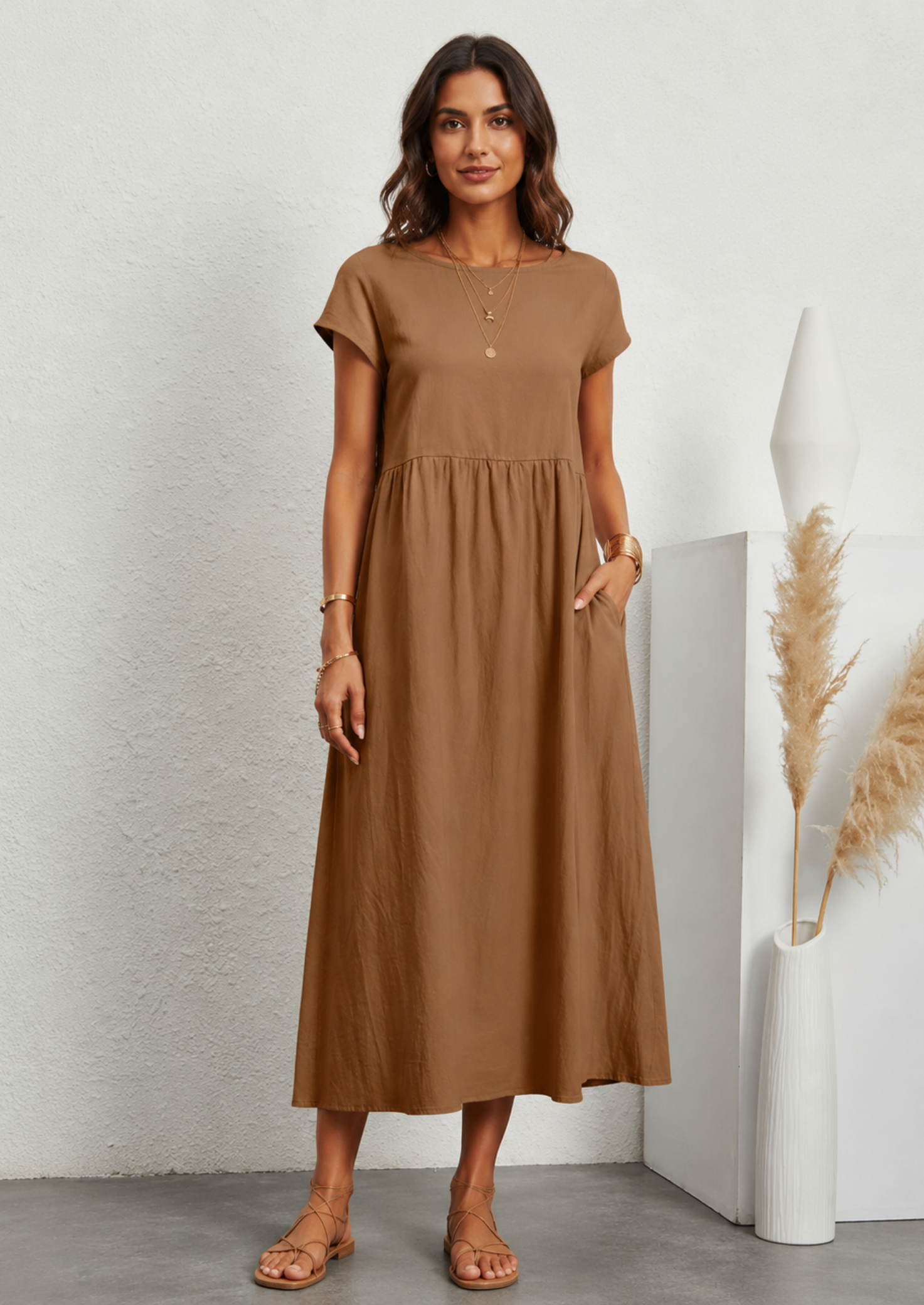 Women’s Linen Blend Midi Dress with Short Sleeves