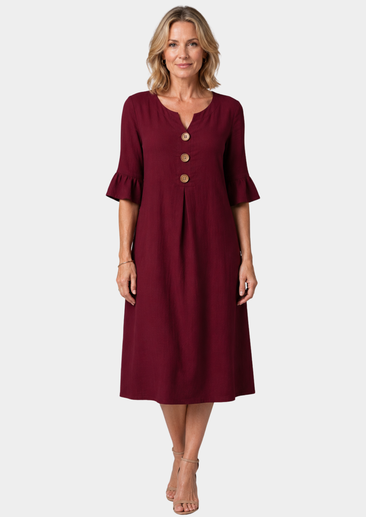 Women’s Linen Blend Midi Dress with V-Neck