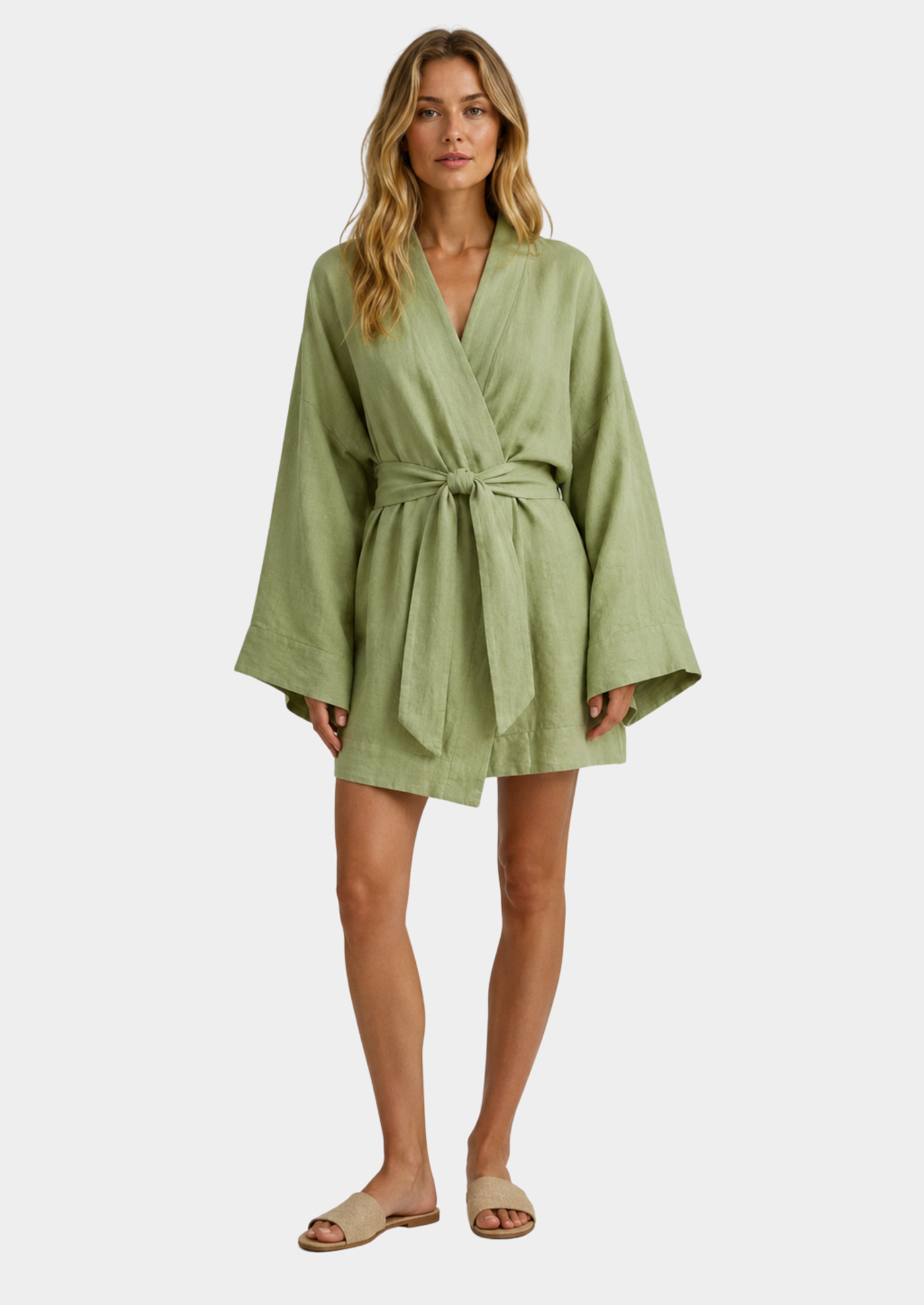 Women’s Linen Blend Mini Dress with Flare Sleeves