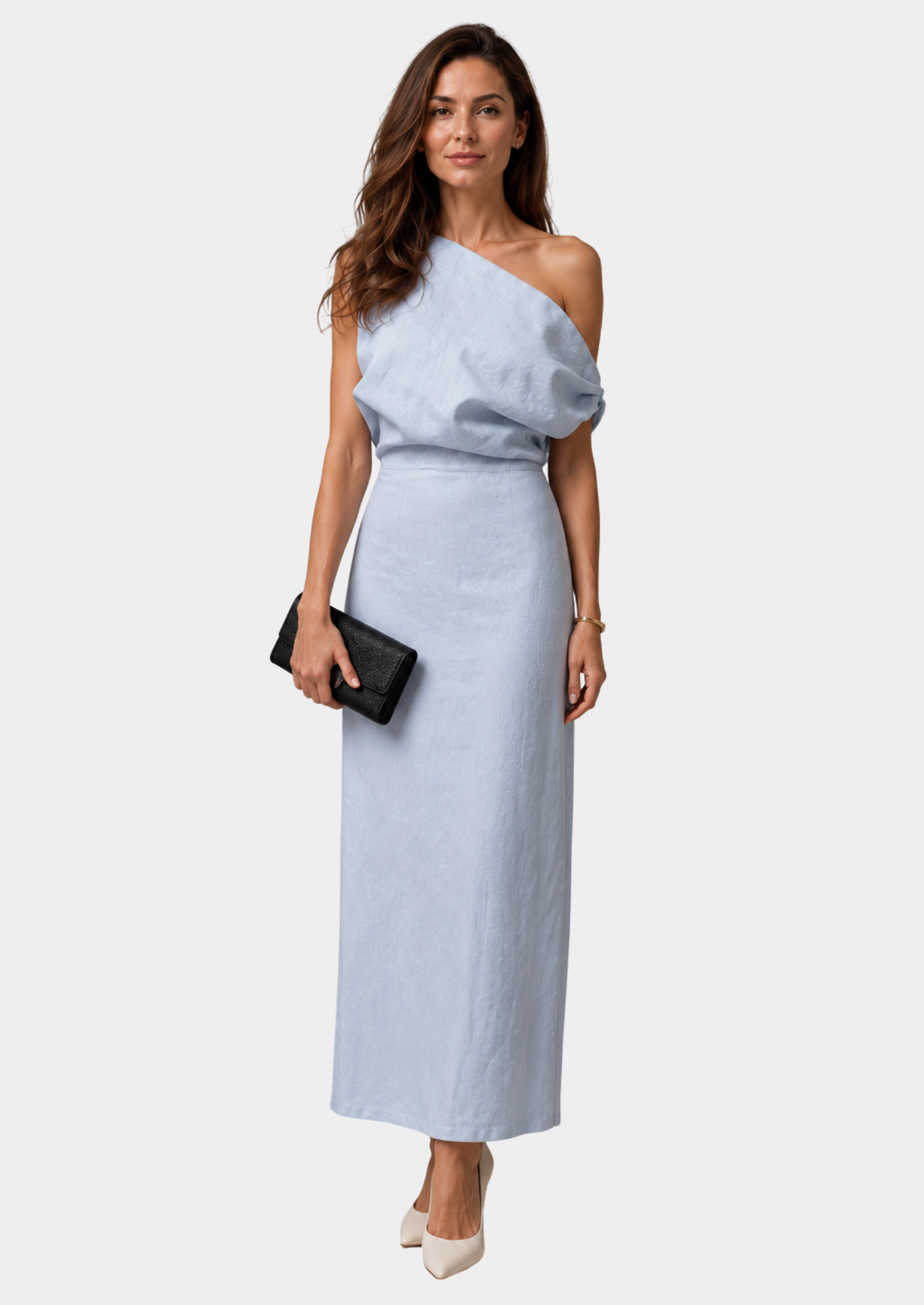 Women’s Linen Look Midi Dress with Diagonal Neckline