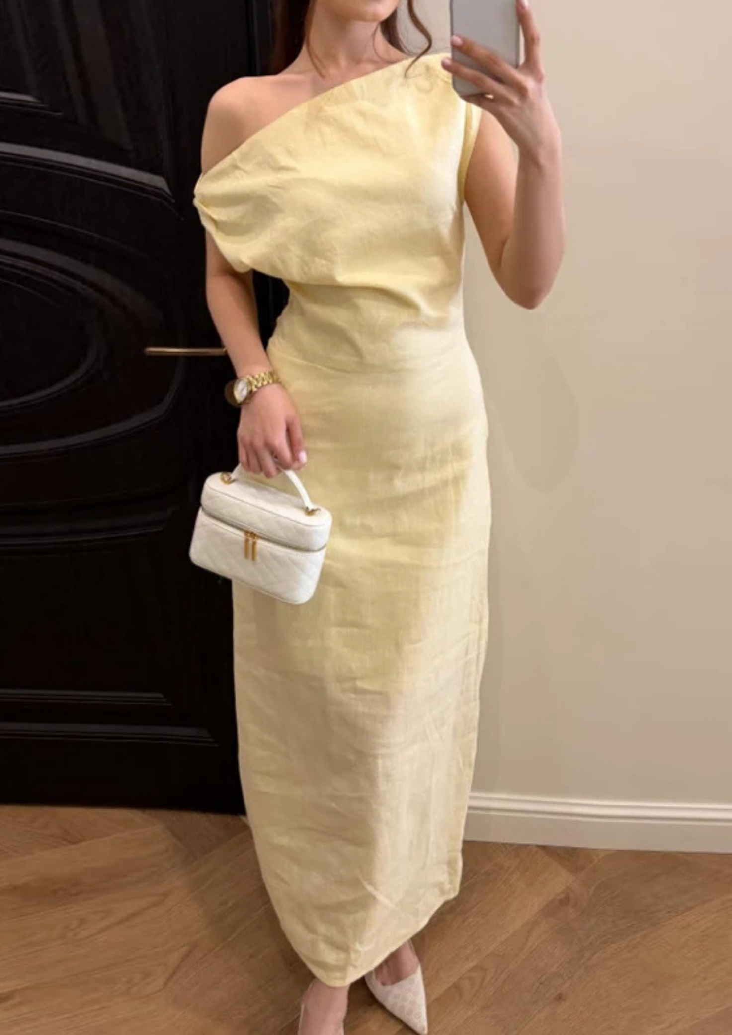 Women’s Linen Look Midi Dress with Diagonal Neckline