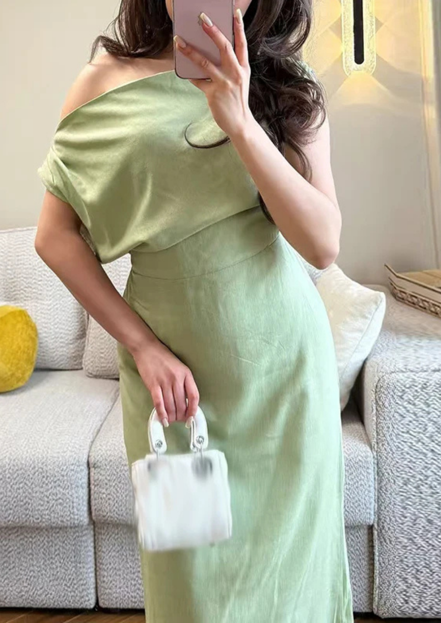 Women’s Linen Look Midi Dress with Diagonal Neckline