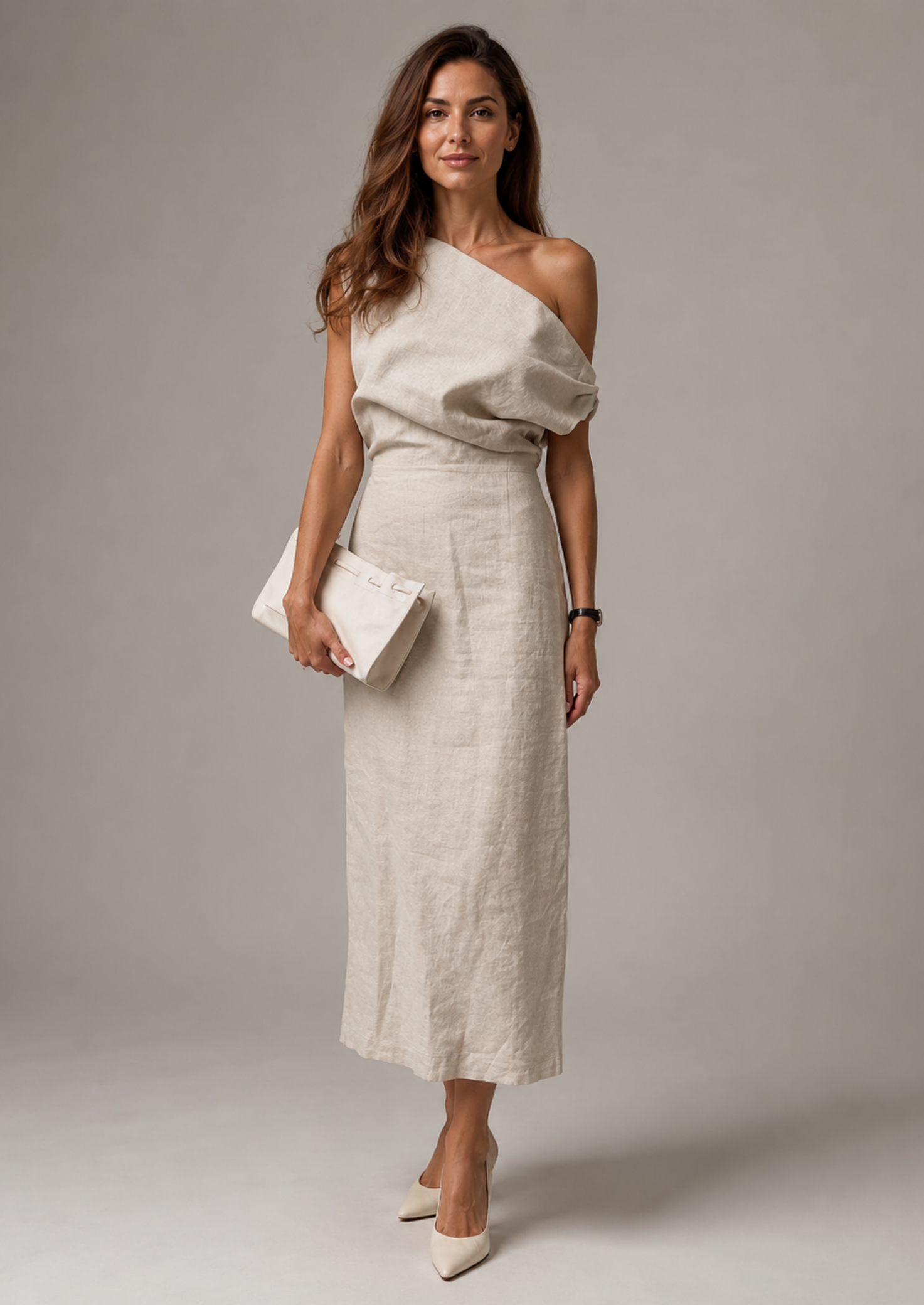 Women’s Linen Look Midi Dress with Diagonal Neckline