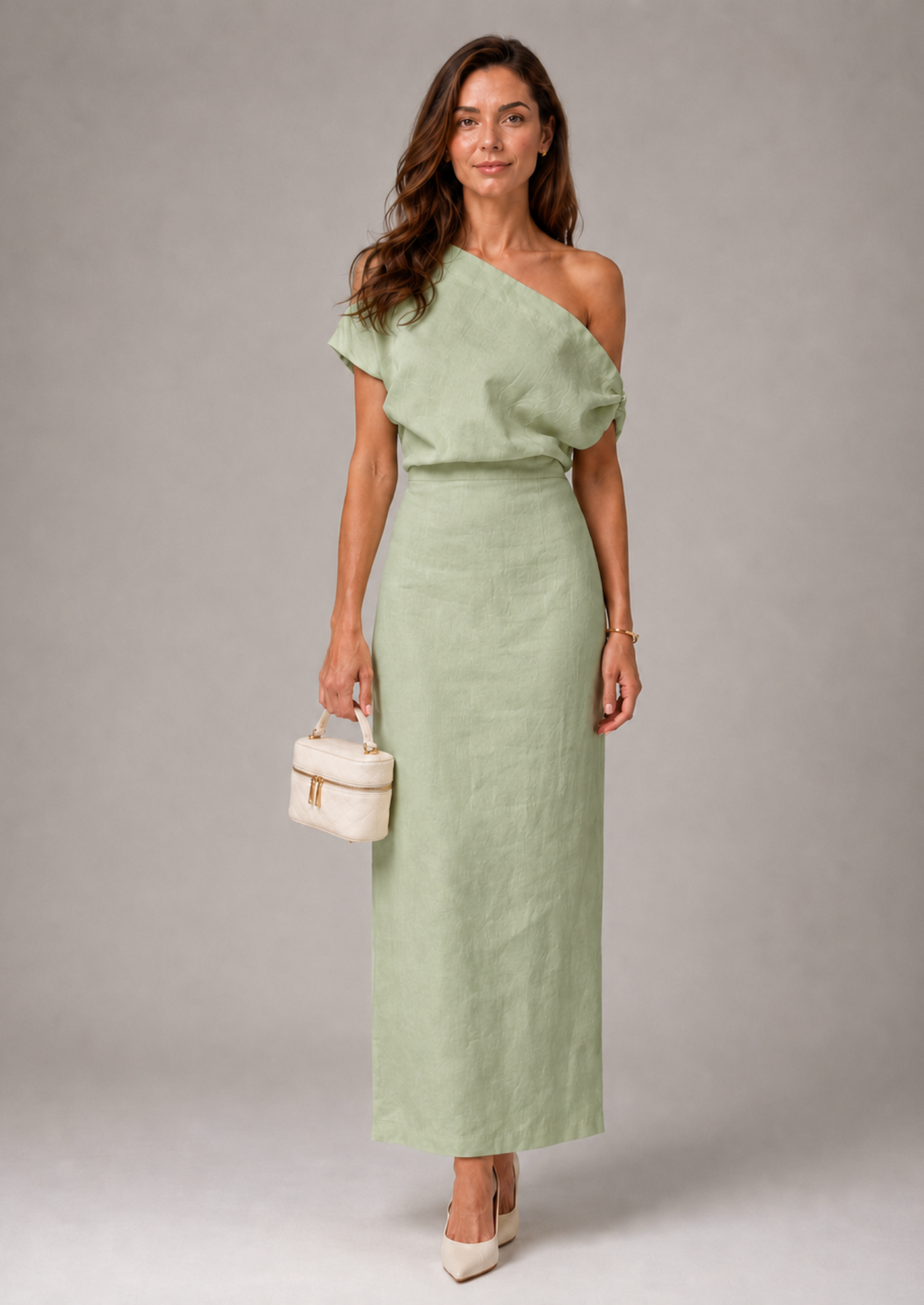 Women’s Linen Look Midi Dress with Diagonal Neckline