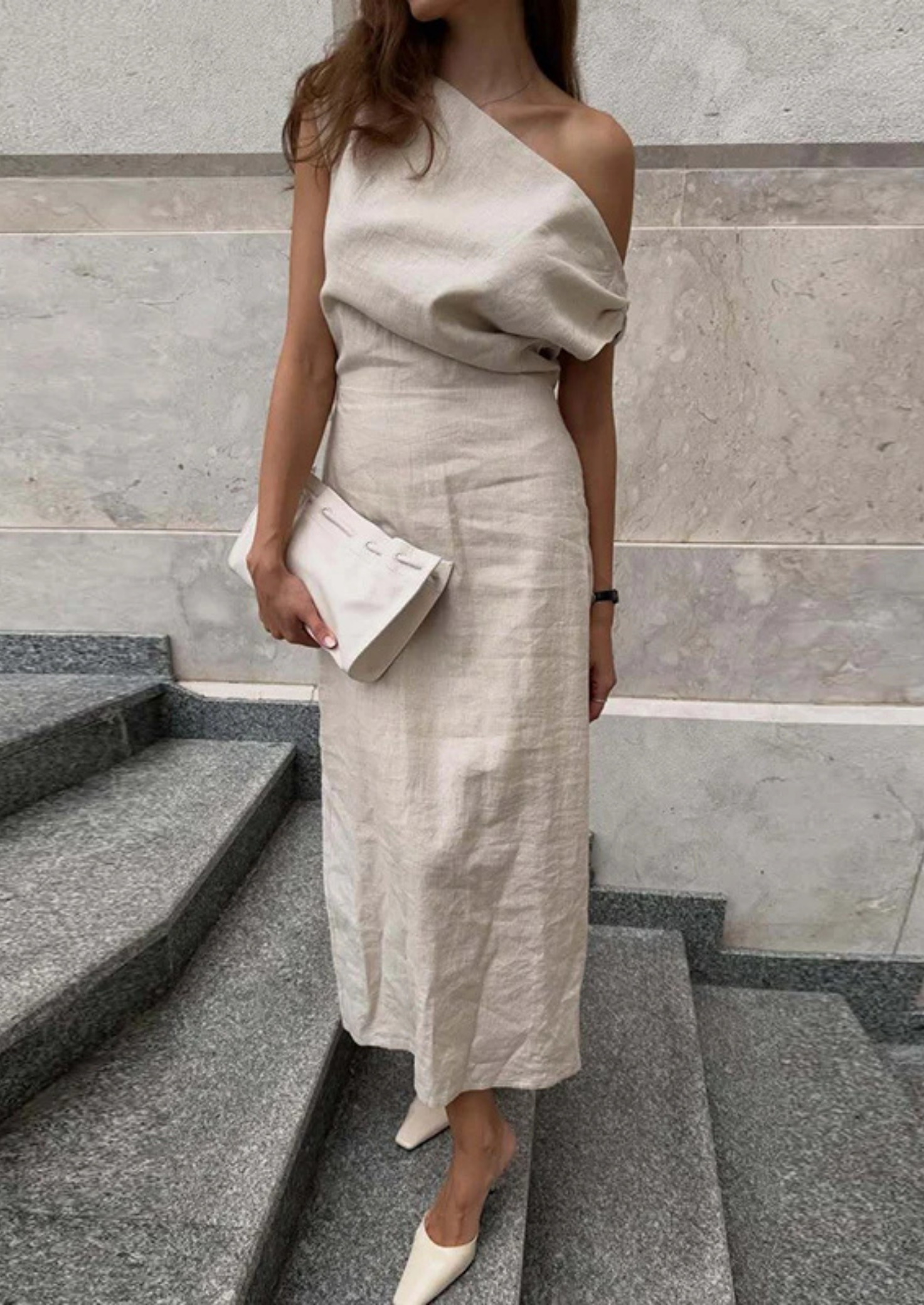 Women’s Linen Look Midi Dress with Diagonal Neckline