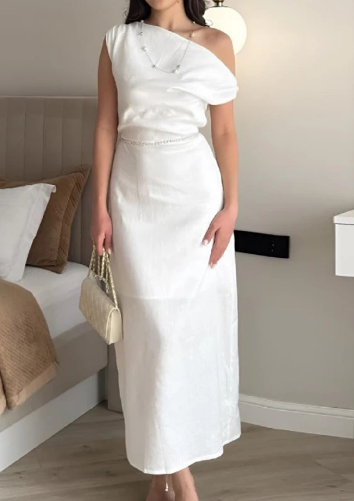 Women’s Linen Look Midi Dress with Diagonal Neckline