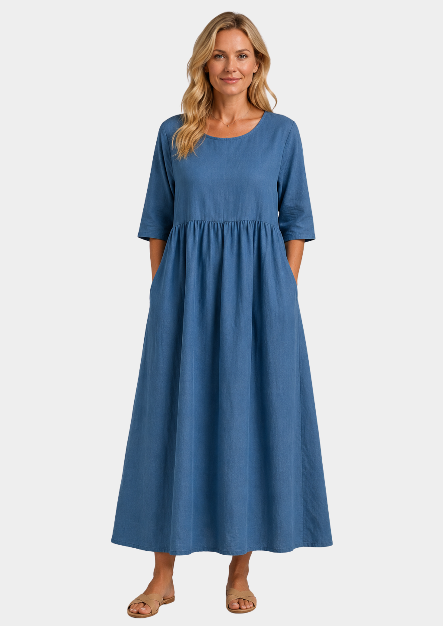 Women’s Linen Look Midi Dress with Short Sleeves