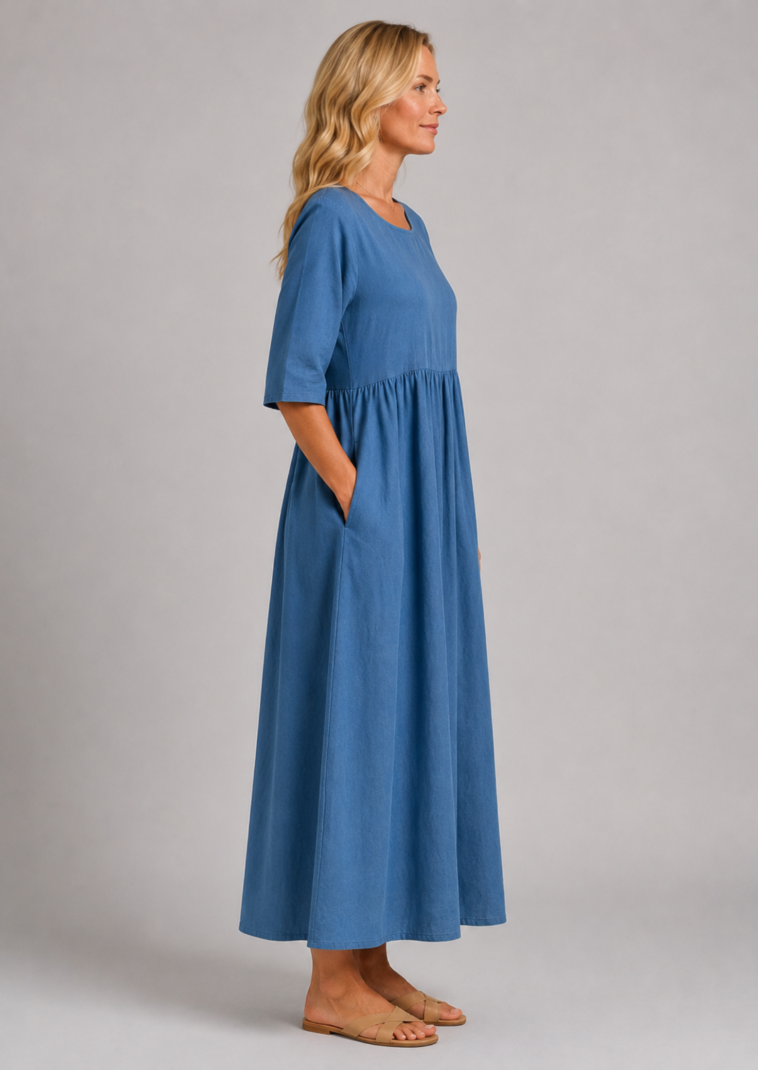 Women’s Linen Look Midi Dress with Short Sleeves