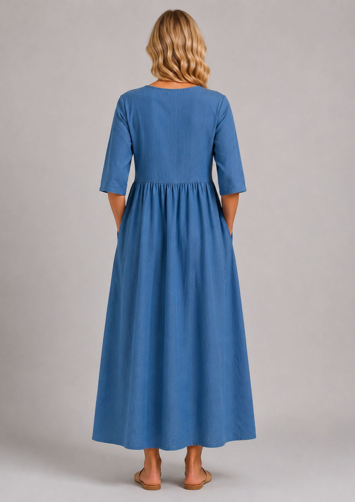 Women’s Linen Look Midi Dress with Short Sleeves