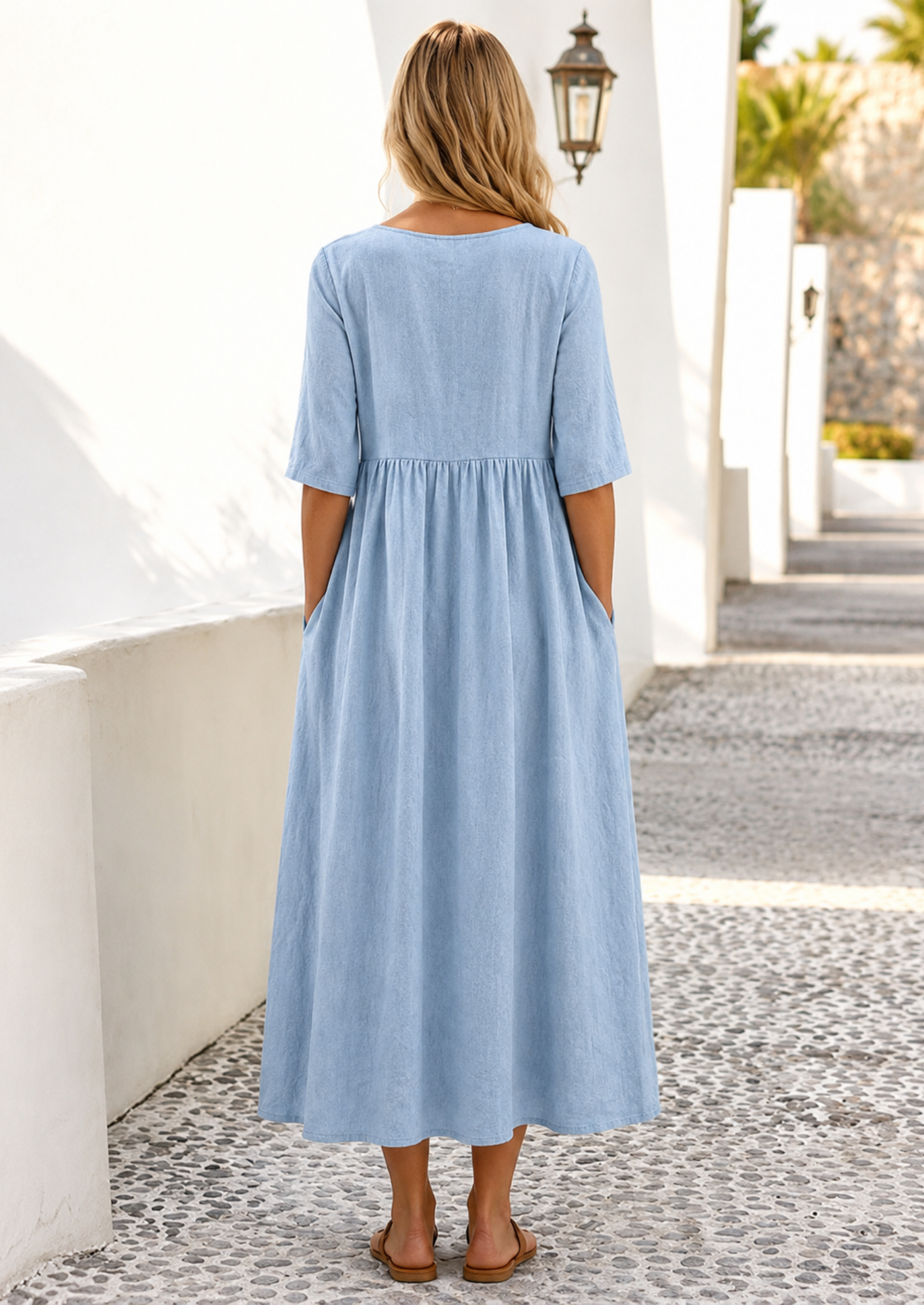 Women’s Linen Look Midi Dress with Short Sleeves