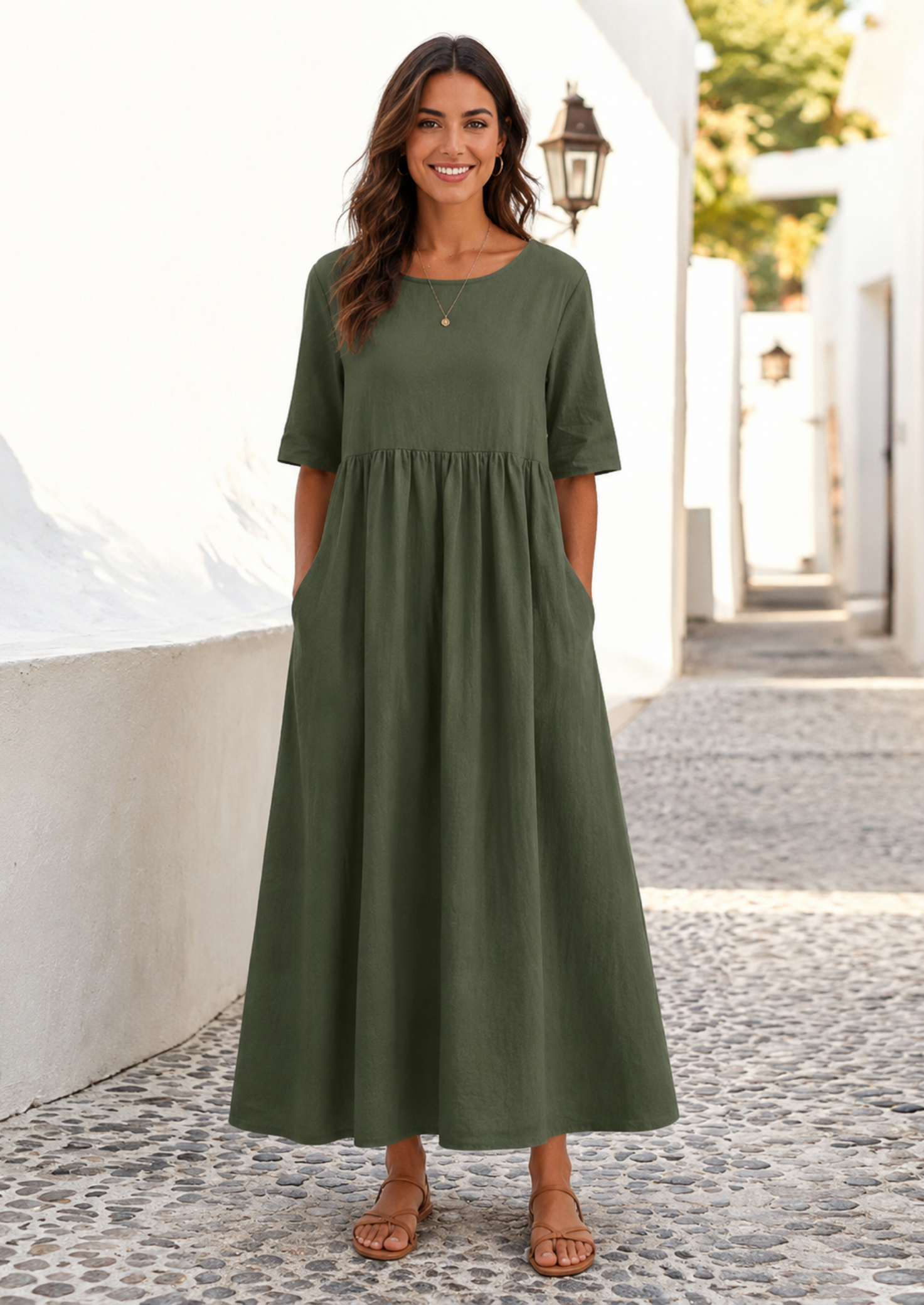 Women’s Linen Look Midi Dress with Short Sleeves