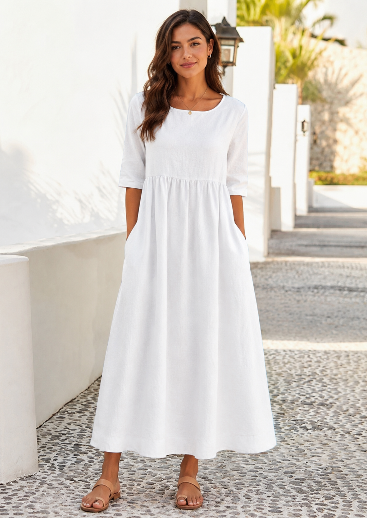 Women’s Linen Look Midi Dress with Short Sleeves