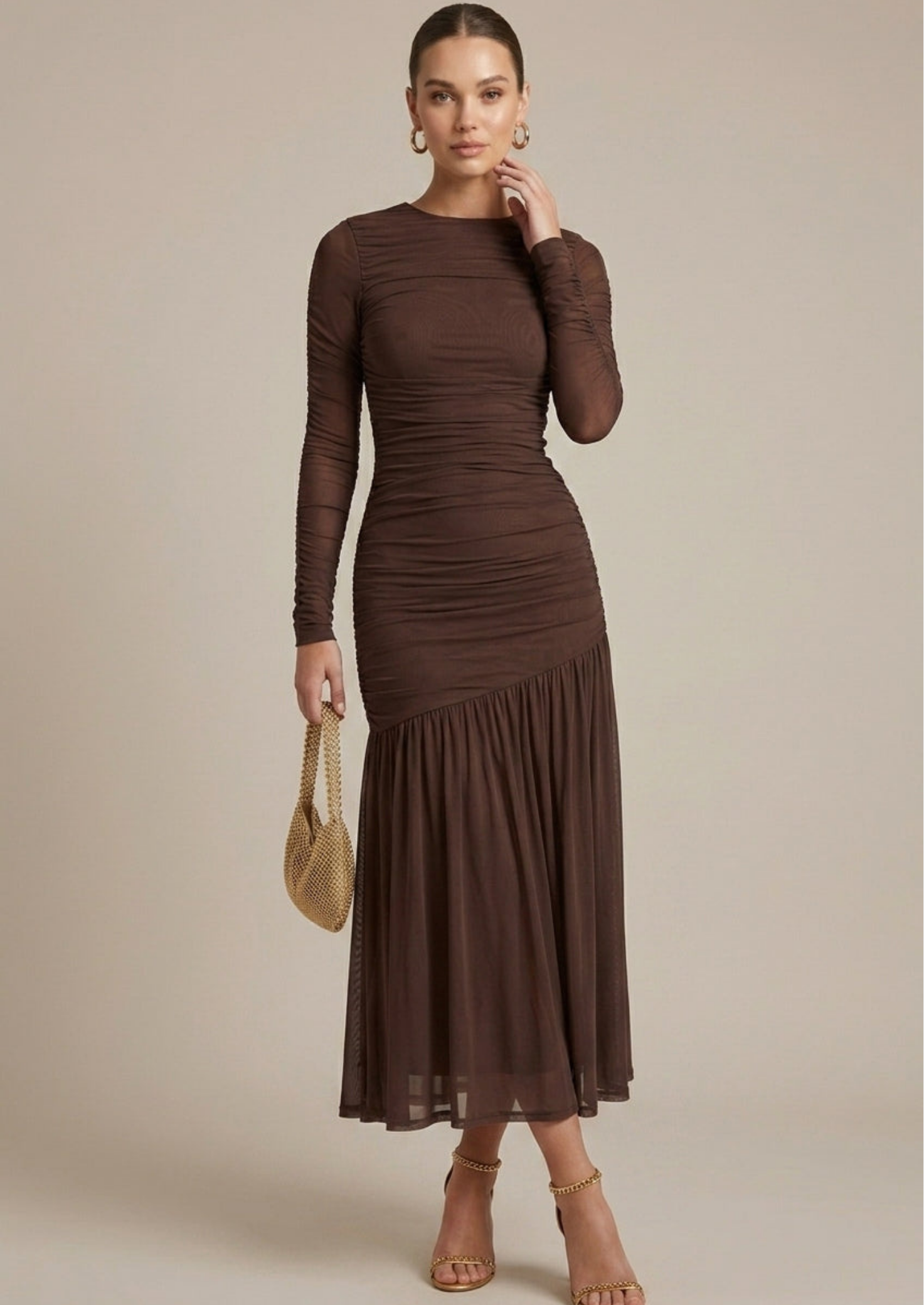 Women’s Long Sleeve Maxi Dress with Ruched Bodice and Drop Waist
