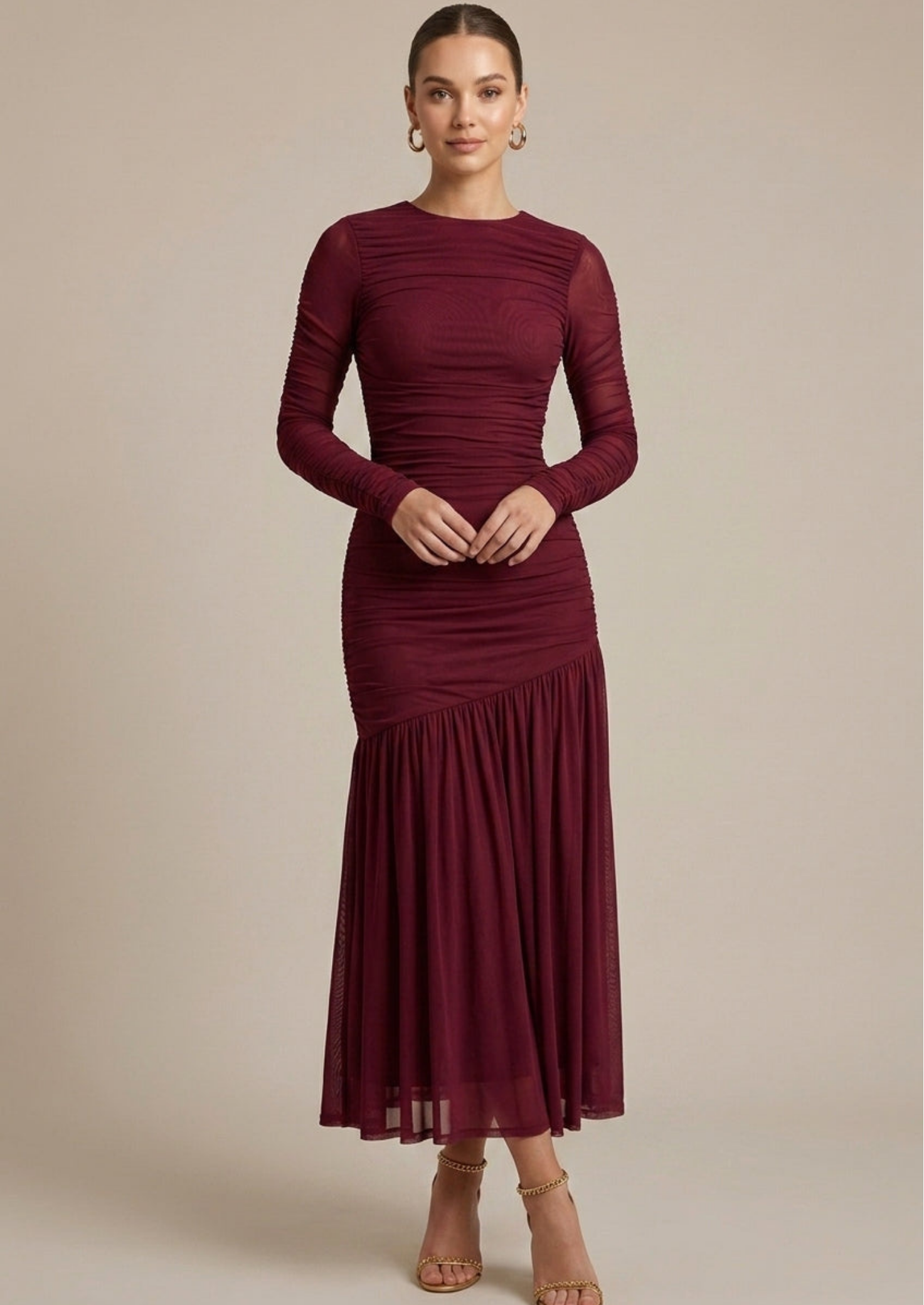Women’s Long Sleeve Maxi Dress with Ruched Bodice and Drop Waist