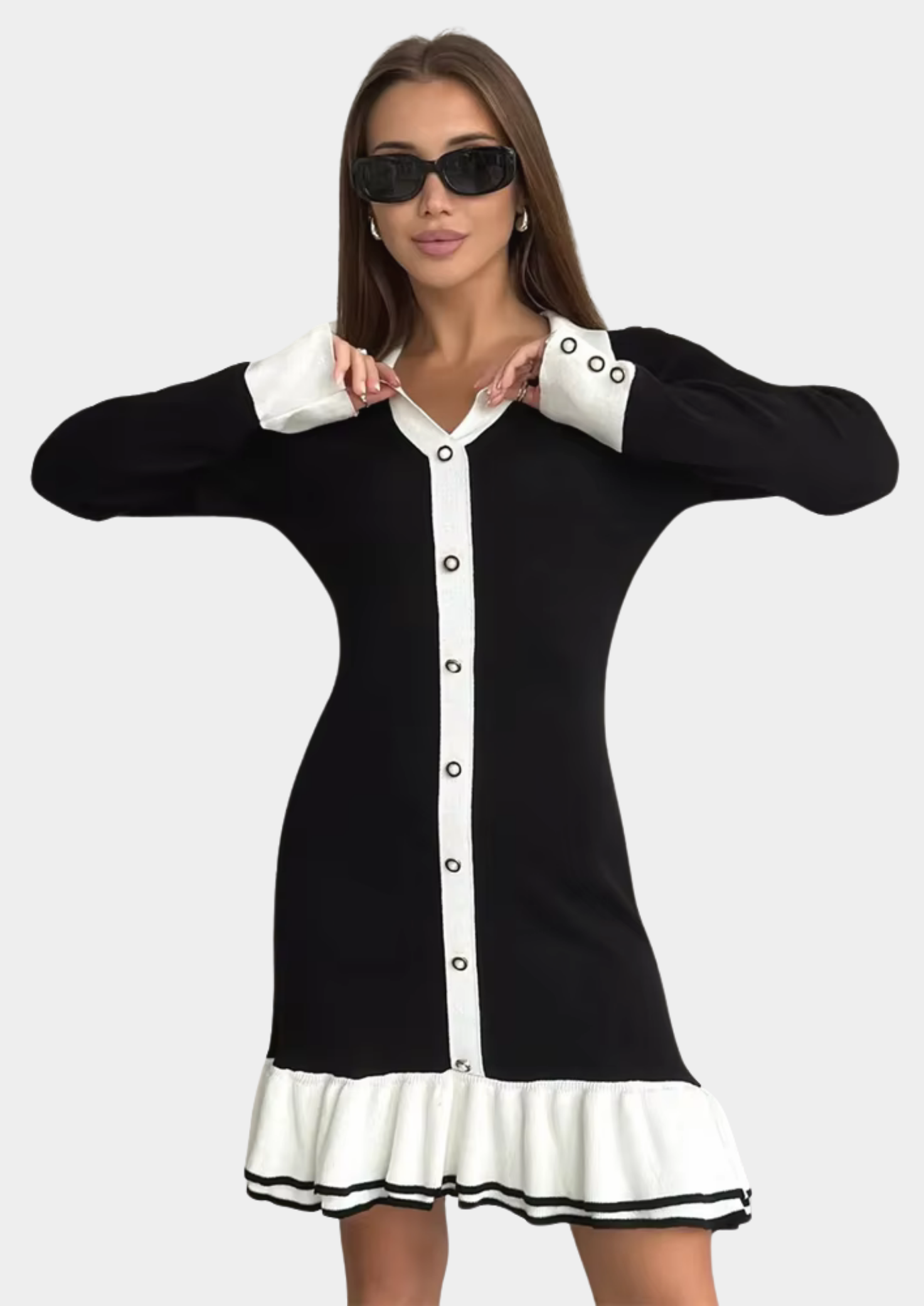 Women’s Long Sleeve Mini Dress with Contrast Trim Collar