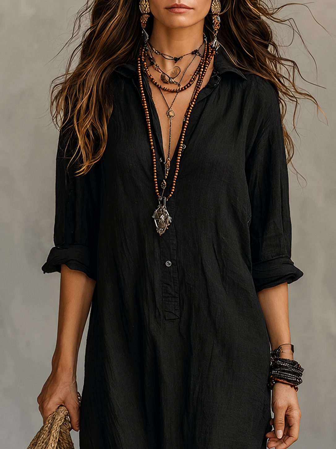 Women’s Maxi Dress with Button Front and Roll-Up Sleeves