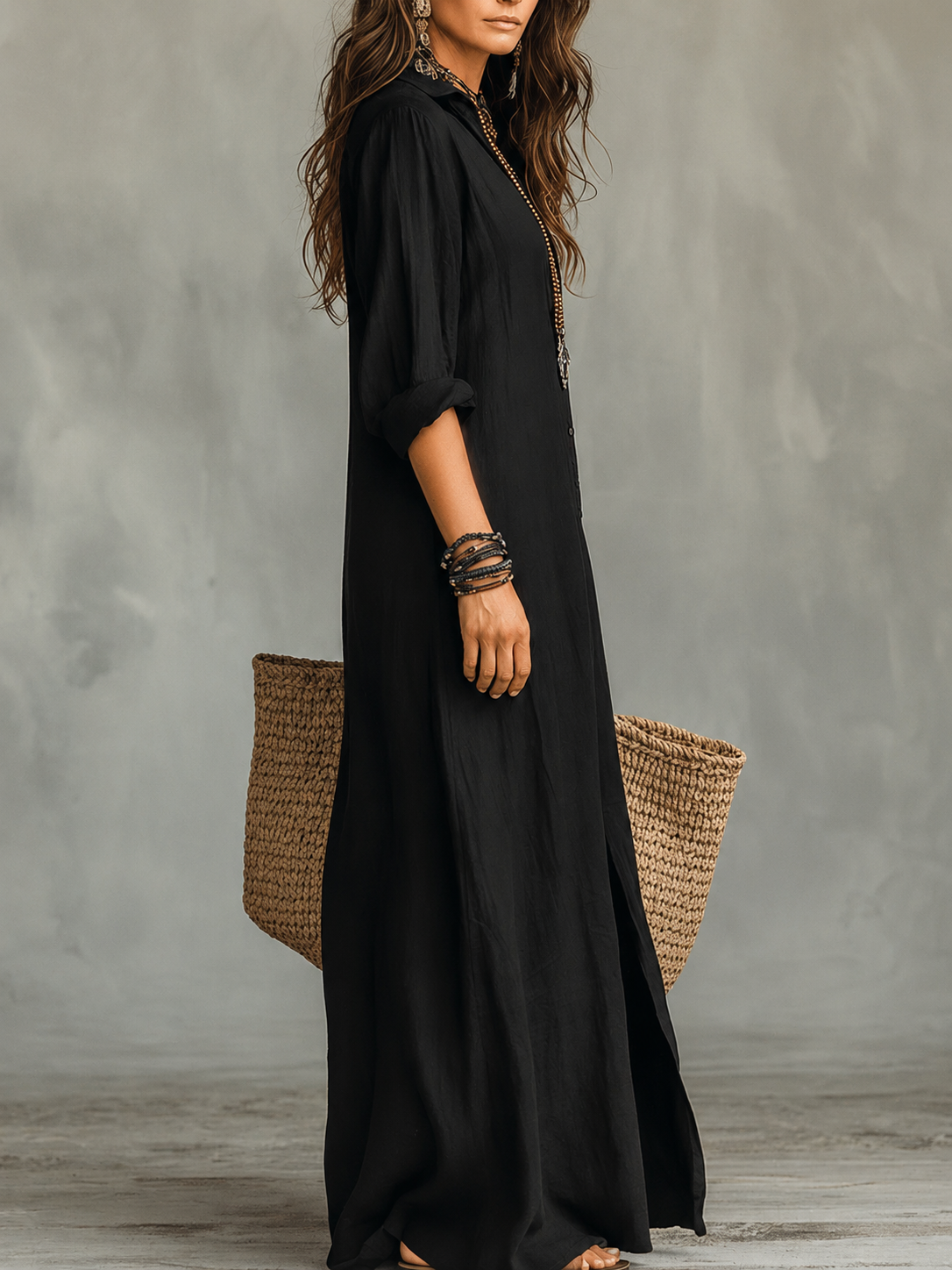 Women’s Maxi Dress with Button Front and Roll-Up Sleeves