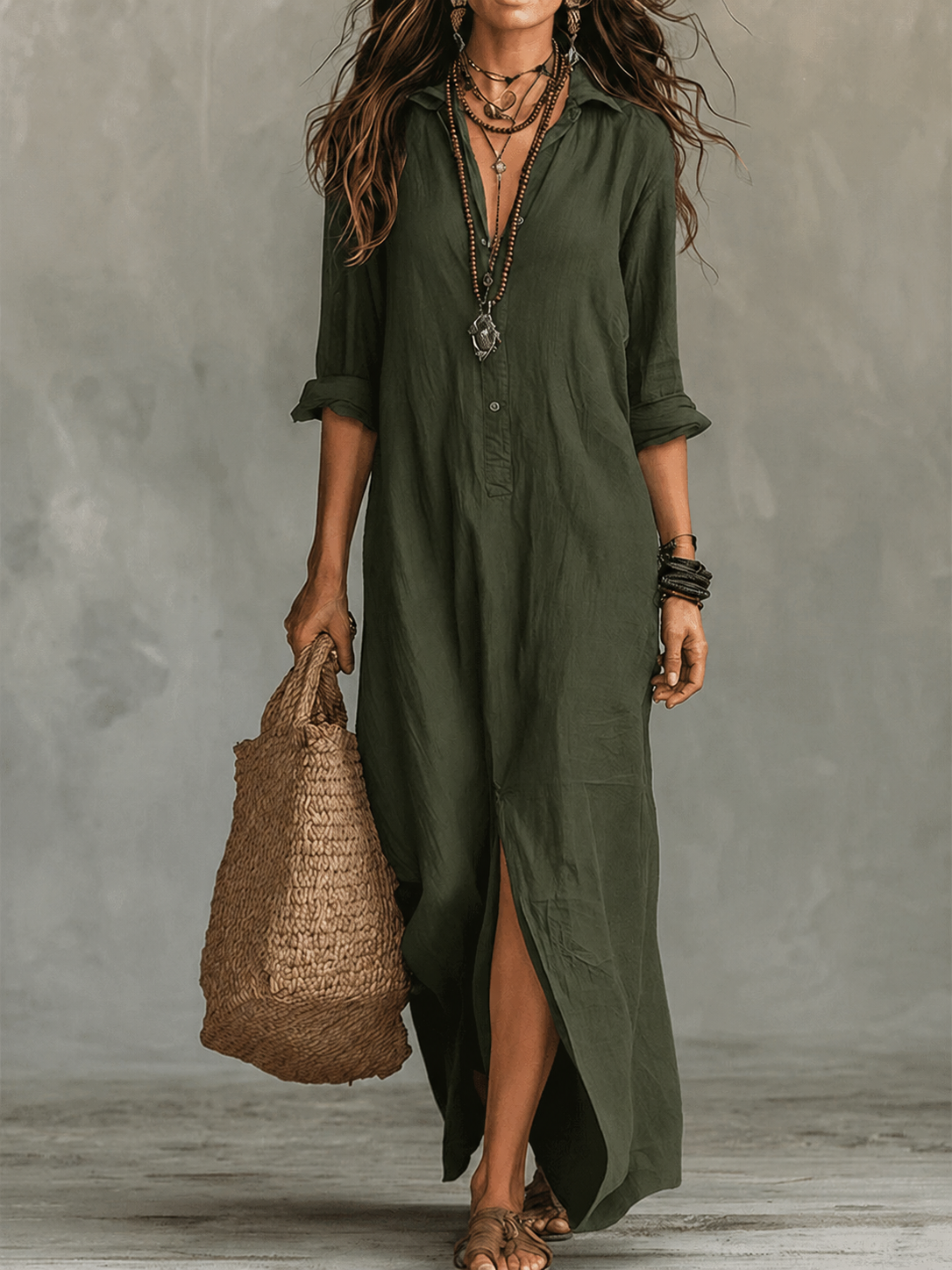 Women’s Maxi Dress with Button Front and Roll-Up Sleeves