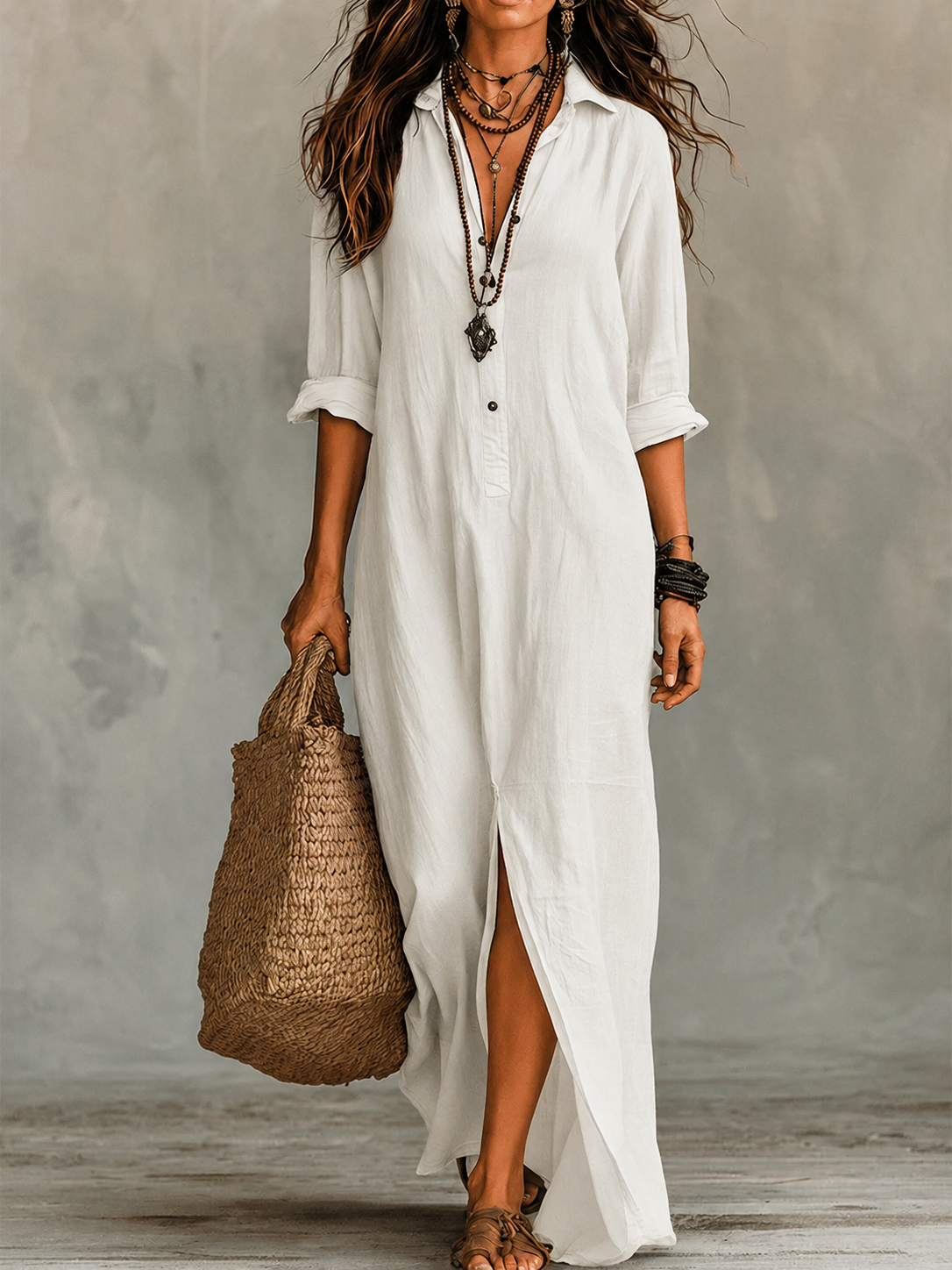 Women’s Maxi Dress with Button Front and Roll-Up Sleeves