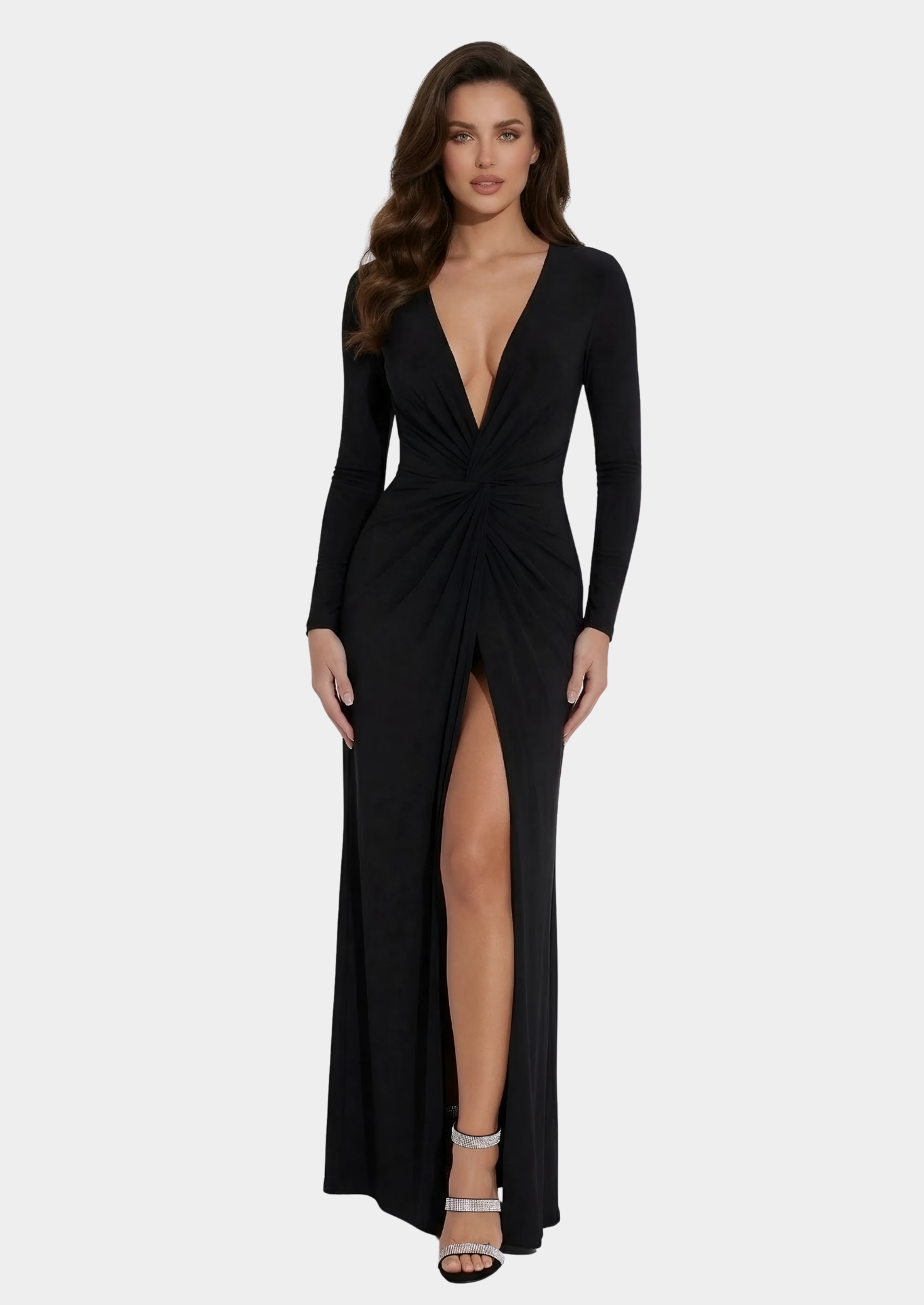 Women’s Maxi Dress with Deep V-Neck and Long Sleeves
