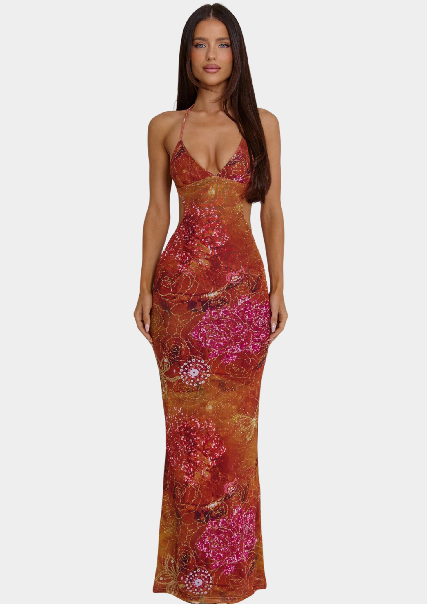 Women’s Maxi Dress with Spaghetti Straps and Mesh Overlay