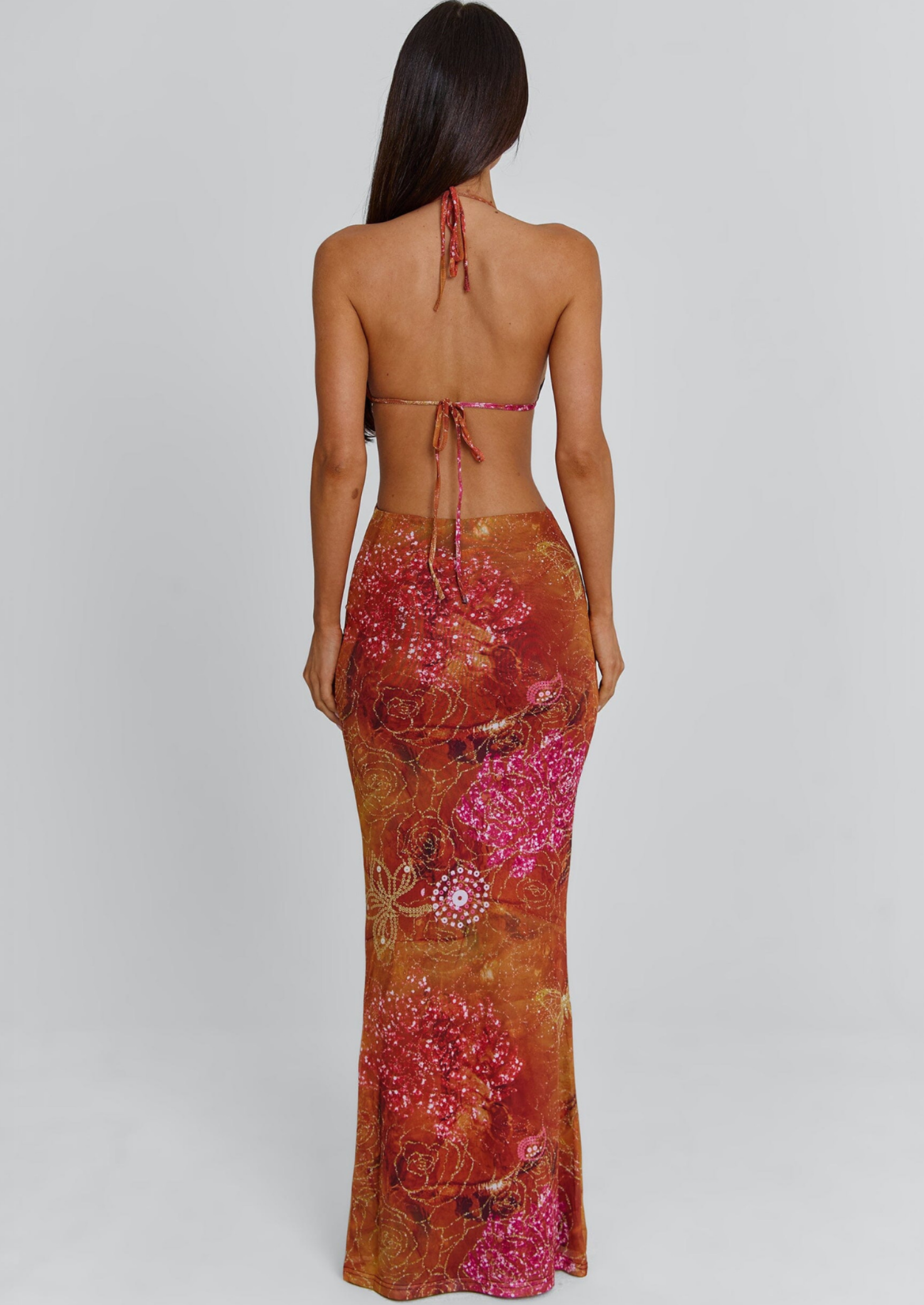 Women’s Maxi Dress with Spaghetti Straps and Mesh Overlay