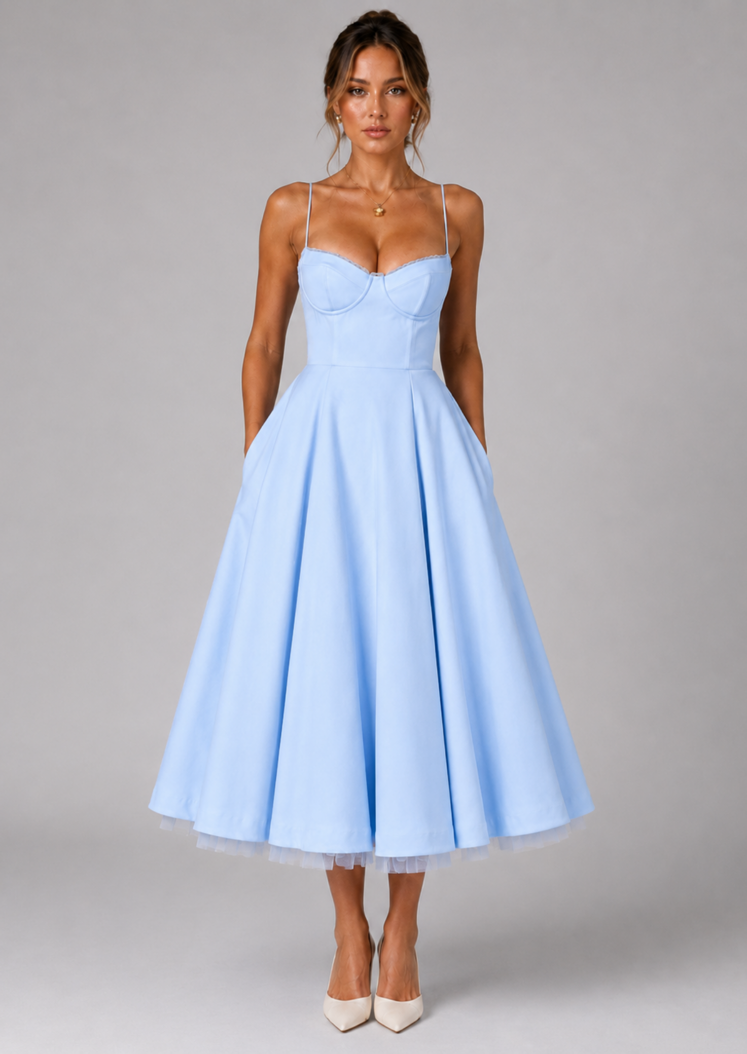 Women’s Midi Dress with Corset Bodice and Full Skirt