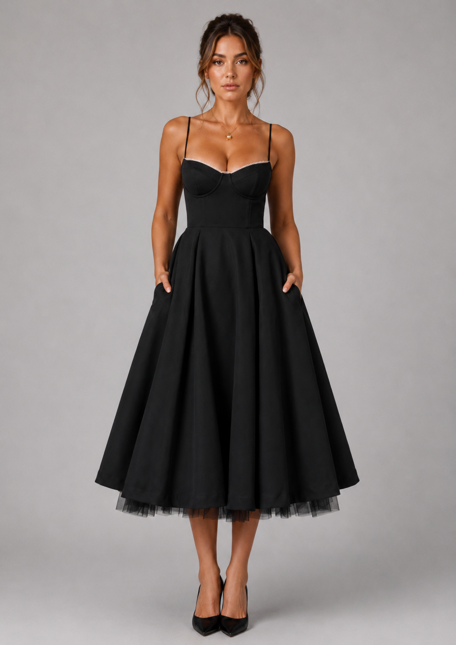 Women’s Midi Dress with Corset Bodice and Full Skirt