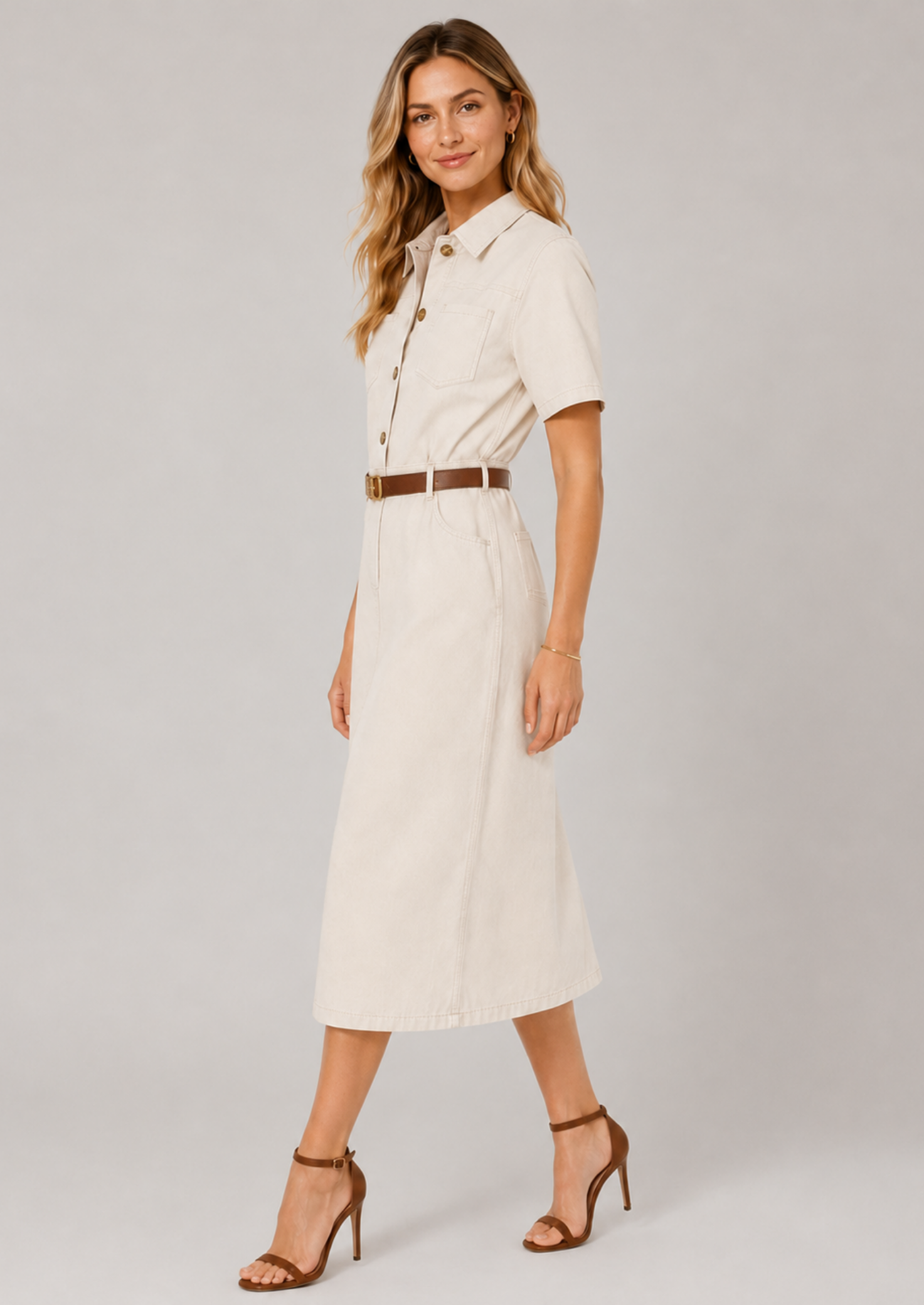 Women’s Midi Shirt Dress with Short Sleeves and Belt