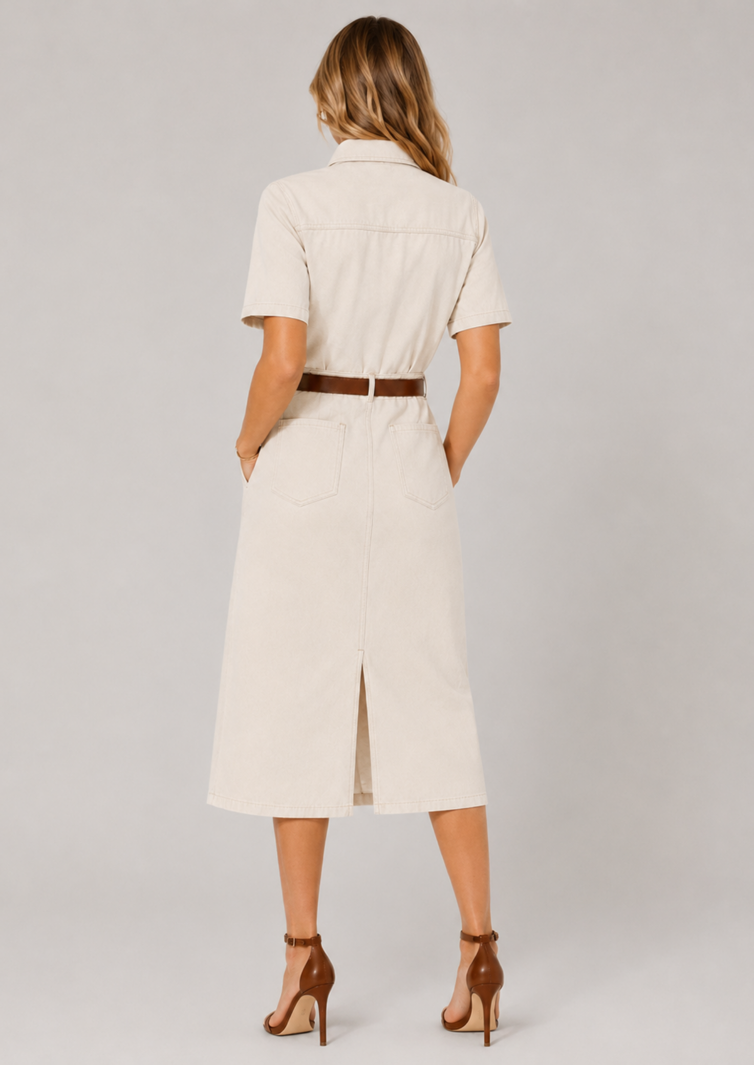 Women’s Midi Shirt Dress with Short Sleeves and Belt