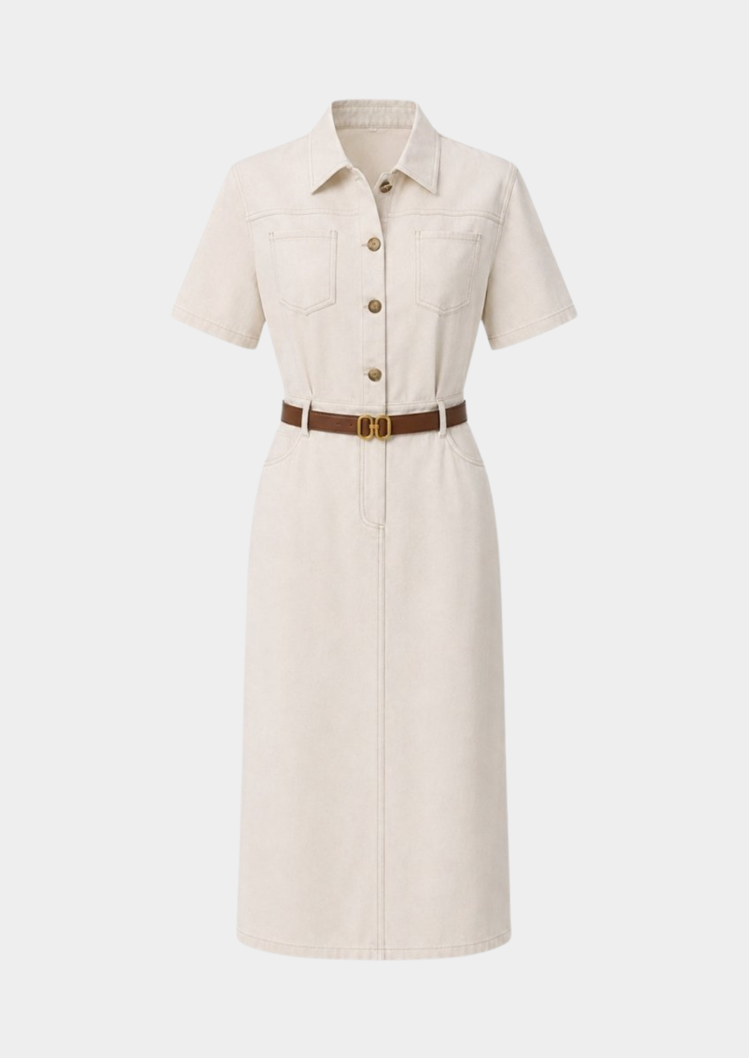 Women’s Midi Shirt Dress with Short Sleeves and Belt
