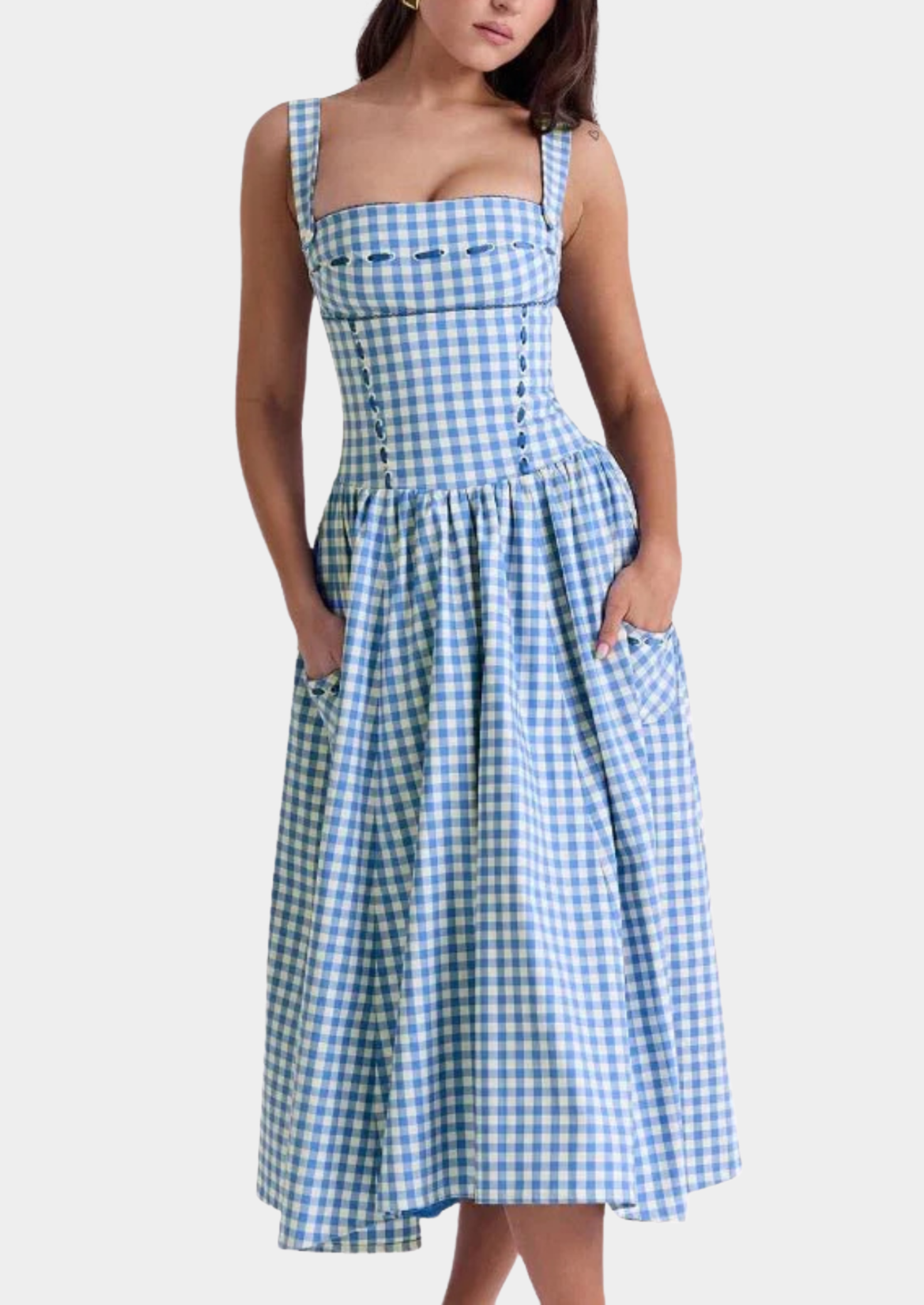 Women’s Midi Sundress with Spaghetti Straps and Gathered Waist