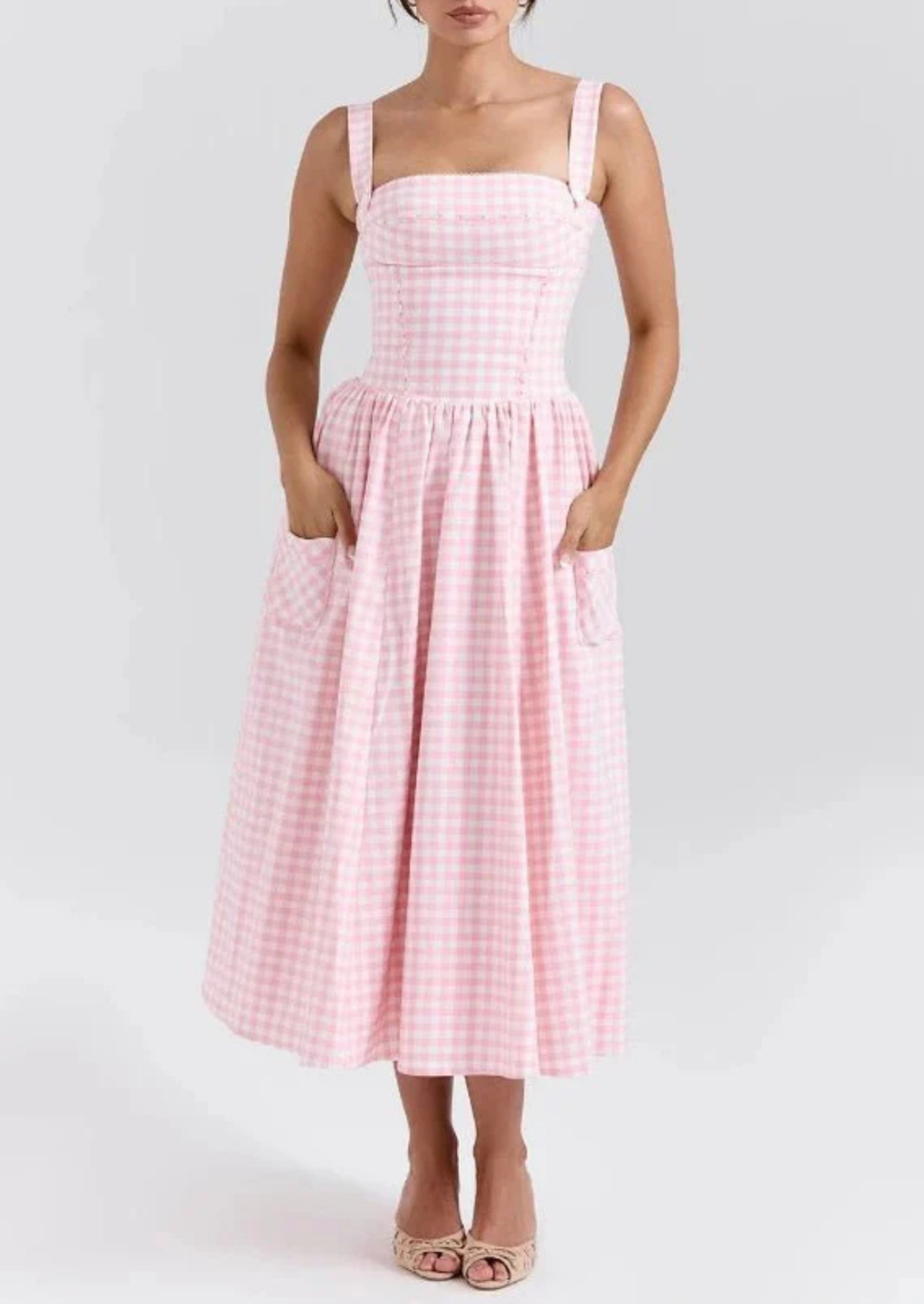 Women’s Midi Sundress with Spaghetti Straps and Gathered Waist