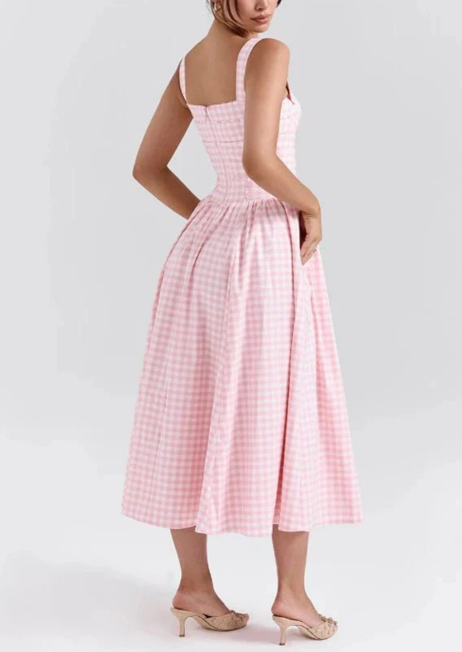 Women’s Midi Sundress with Spaghetti Straps and Gathered Waist