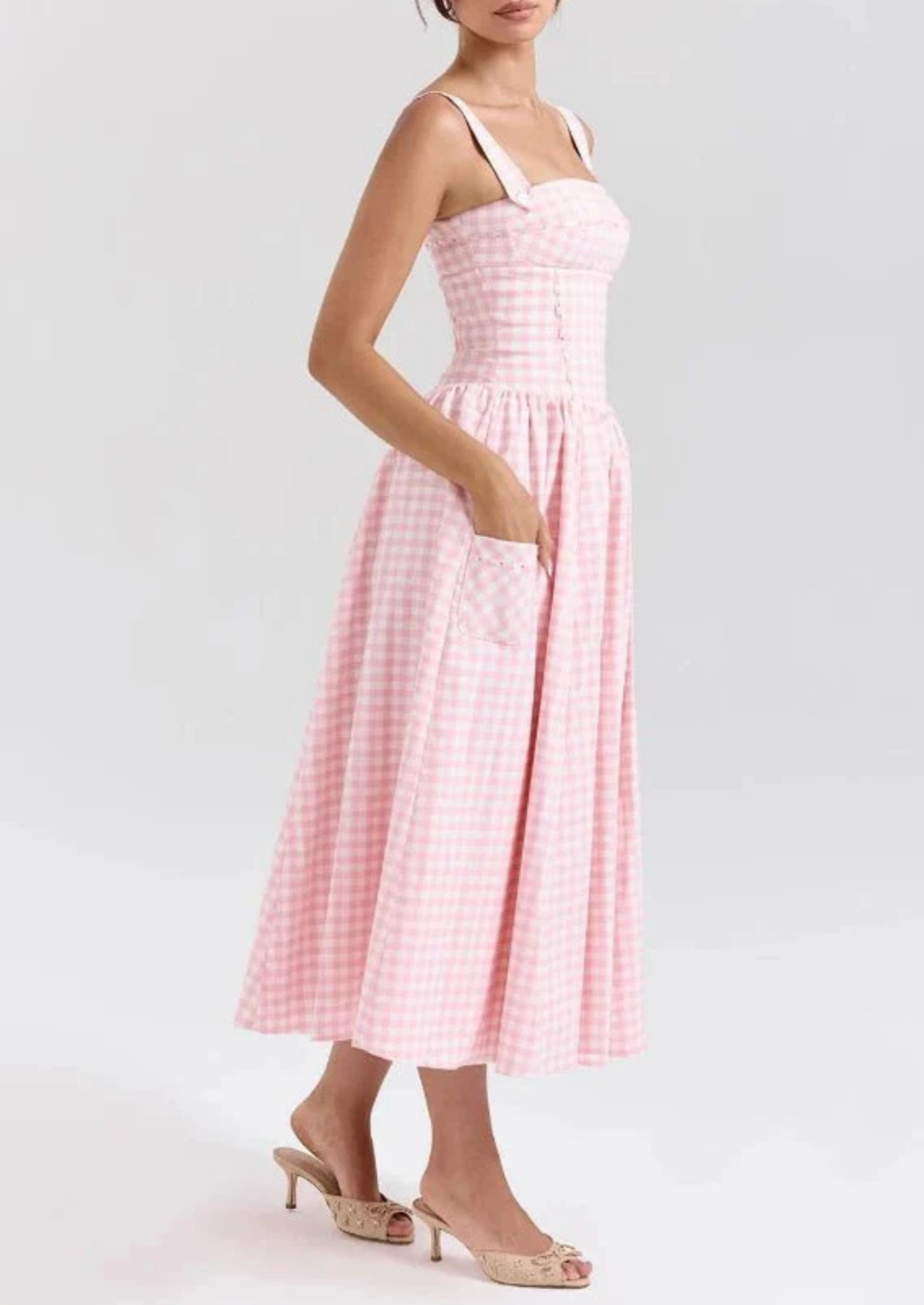 Women’s Midi Sundress with Spaghetti Straps and Gathered Waist