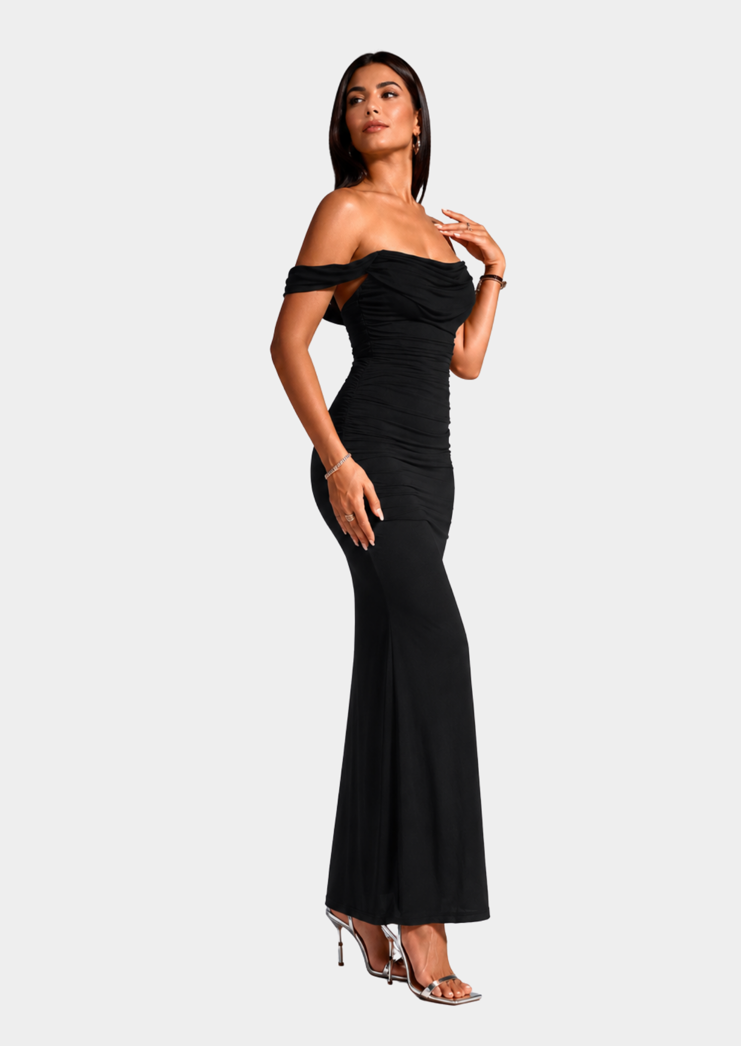 Women’s Off-Shoulder Mermaid Maxi Dress with Ruched Bodice