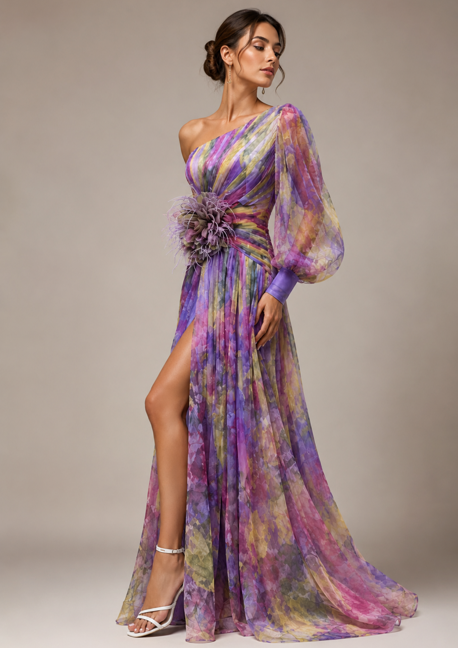 Women’s One-Shoulder Maxi Dress with Floral Print and Side Slit