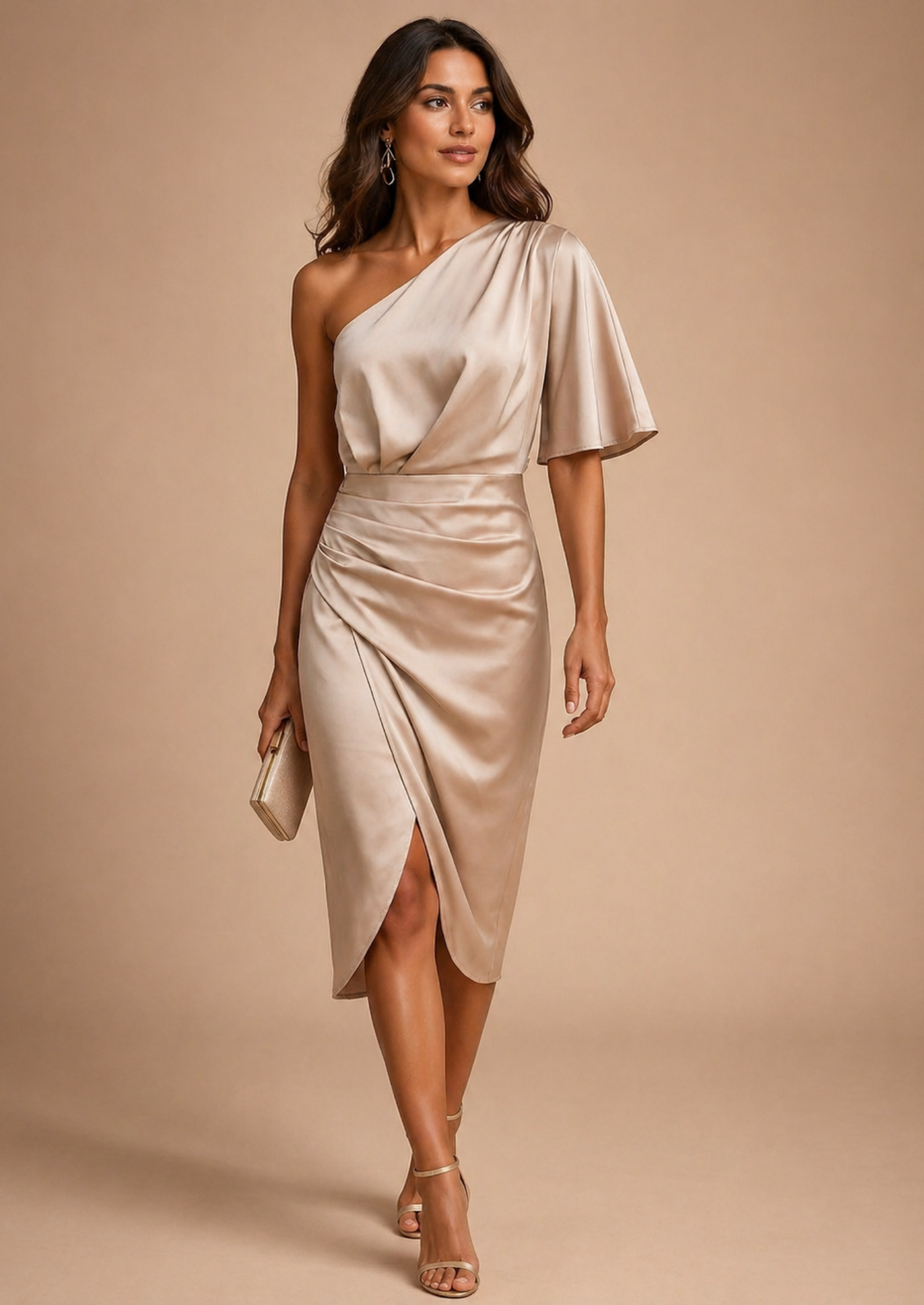 Women’s One-Shoulder Midi Dress with Draped Waist