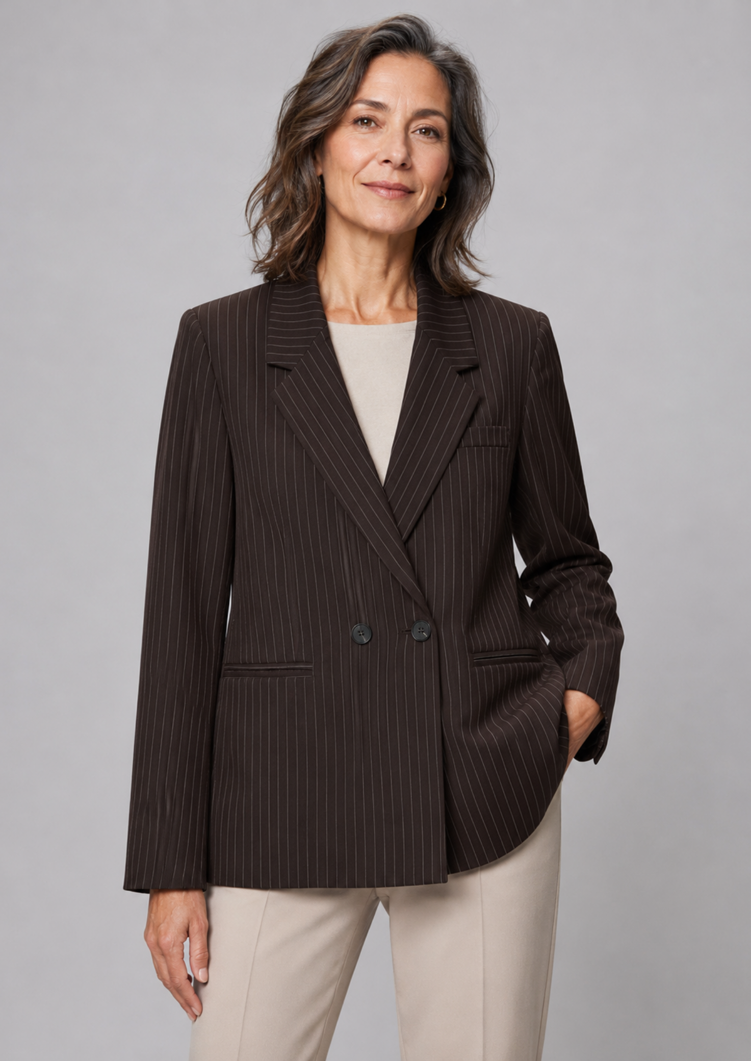 Women’s Pinstripe Double-Breasted Blazer with Notched Lapel