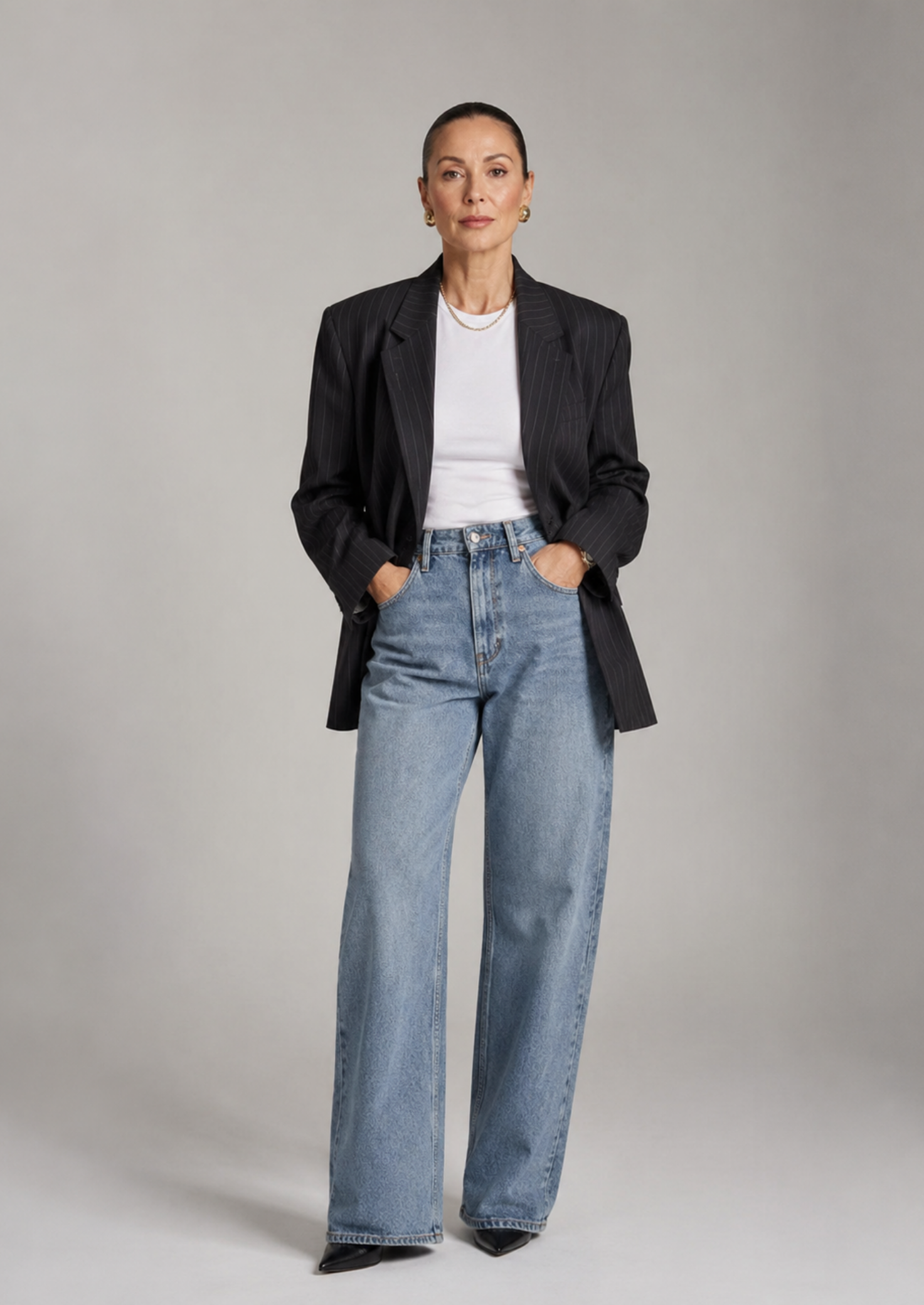 Women’s Pinstripe Double-Breasted Blazer with Notched Lapel